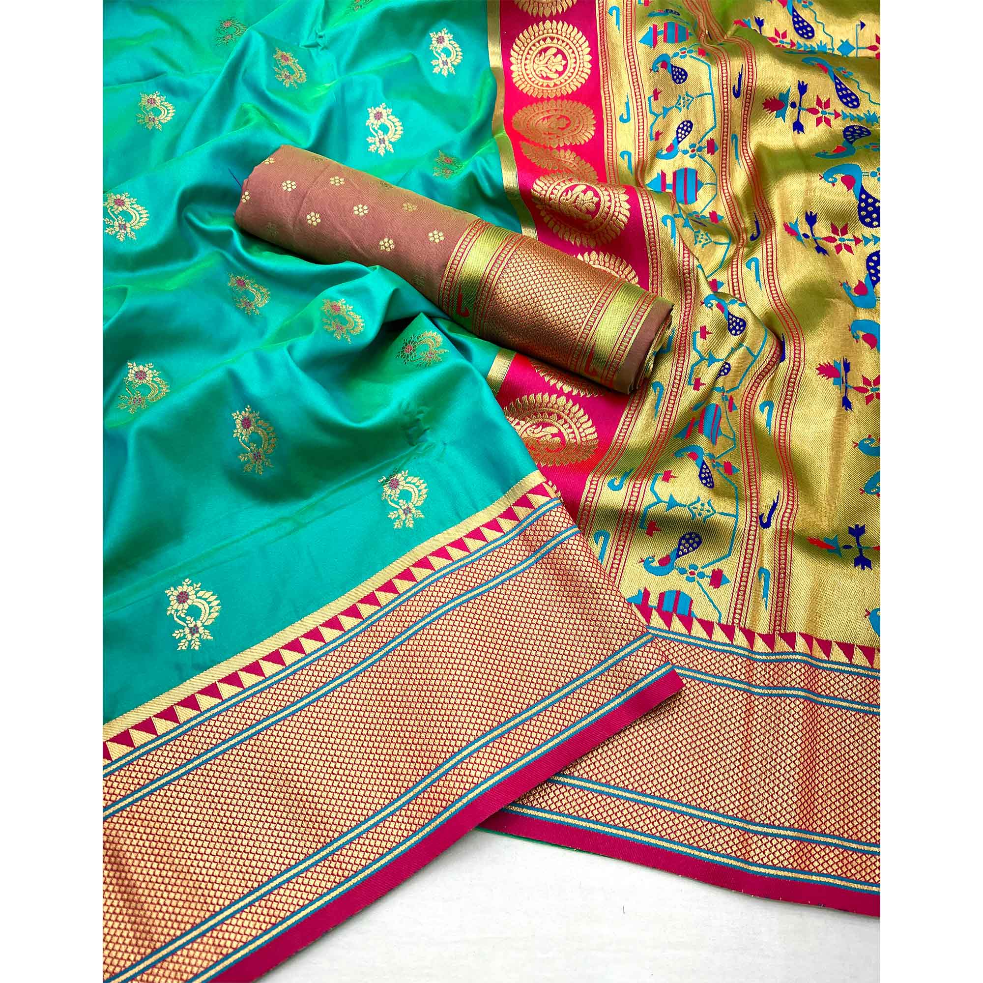 Rama Green Floral Woven Pure Silk Saree - Image 3
