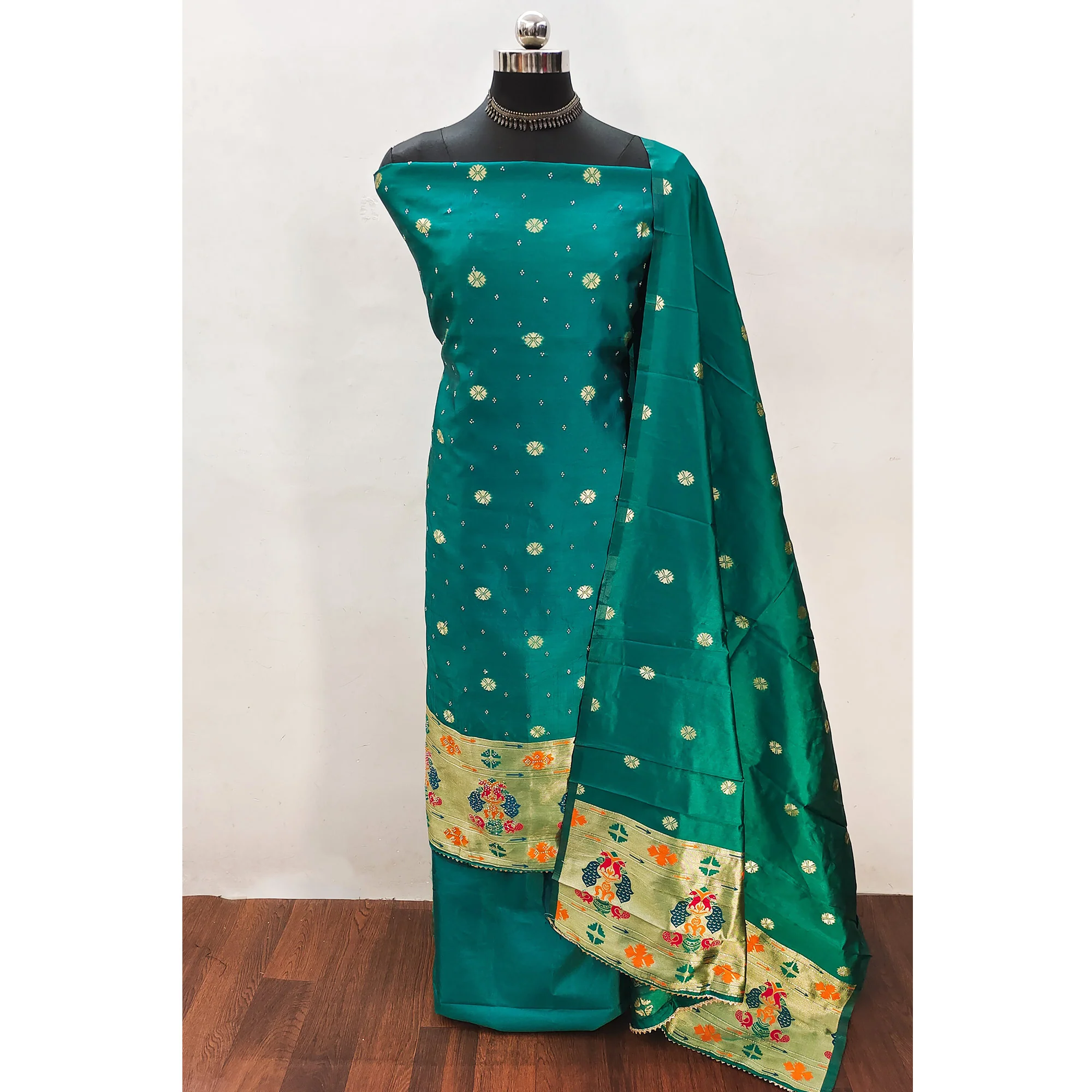 Rama Green Floral Woven With Swarovski Work Banarasi Silk Dress Material - Image 3