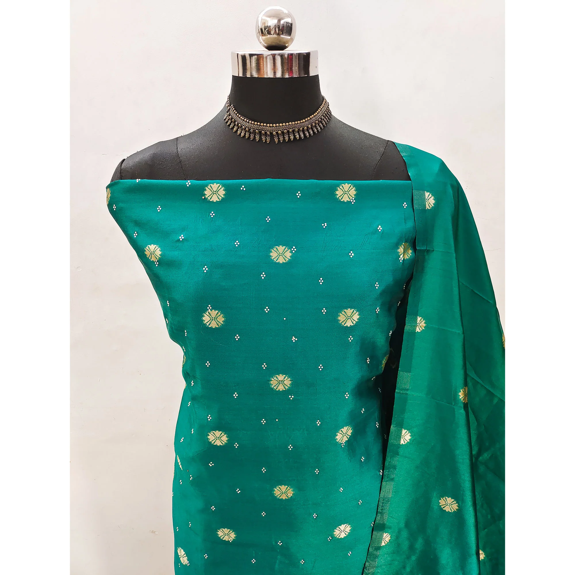 Rama Green Floral Woven With Swarovski Work Banarasi Silk Dress Material - Image 4