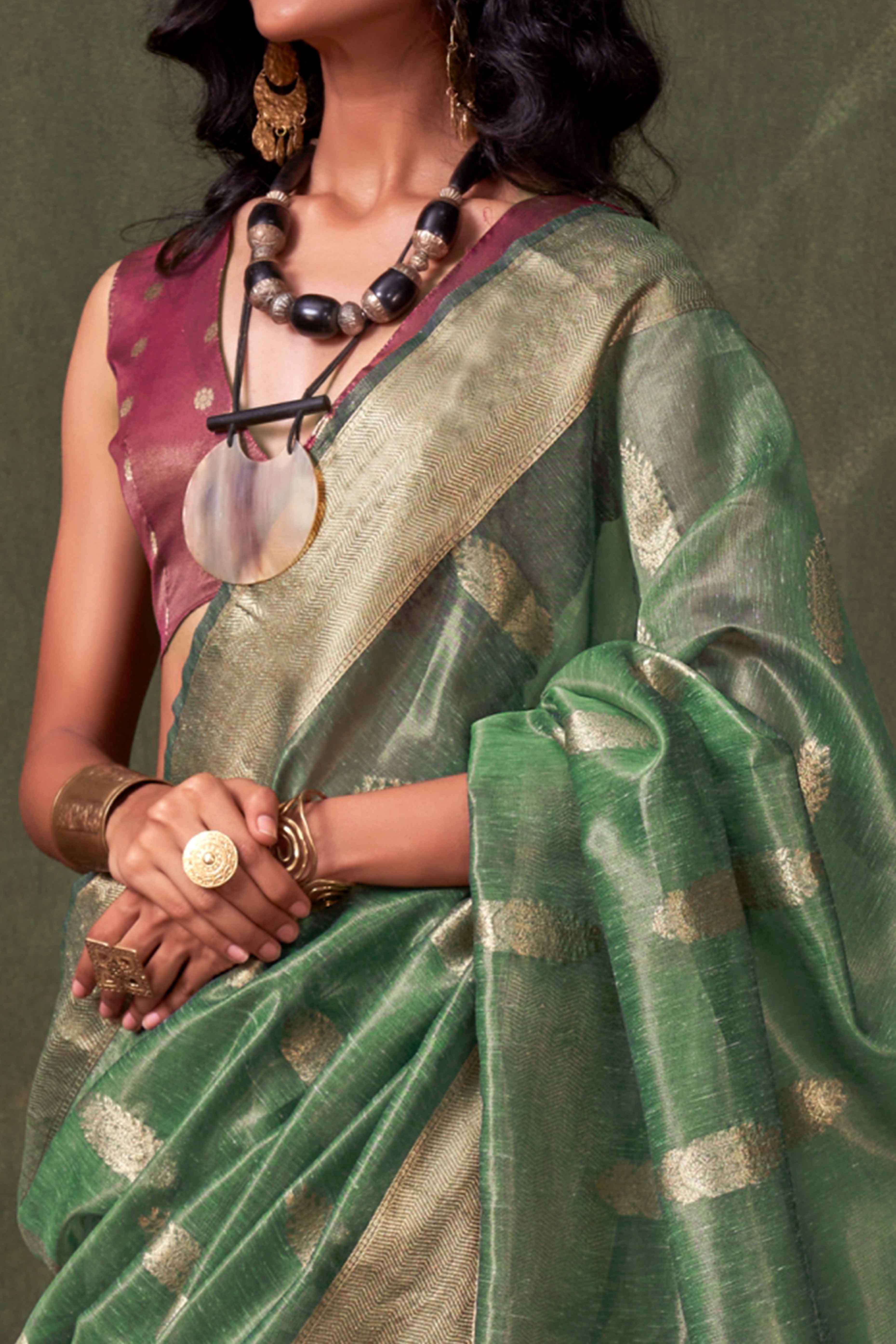 Rama Green Floral Zari Woven Tissue Paithani Style Saree - Image 2