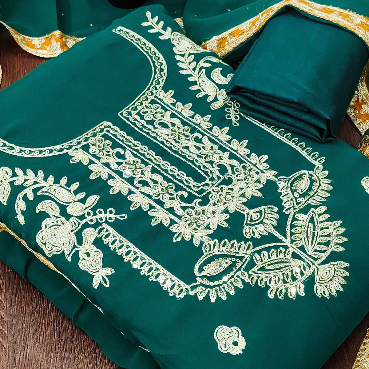 Rama Green Georgette Dress Material Featuring Floral Thread Embroidery With Sequins Accents - Image 2