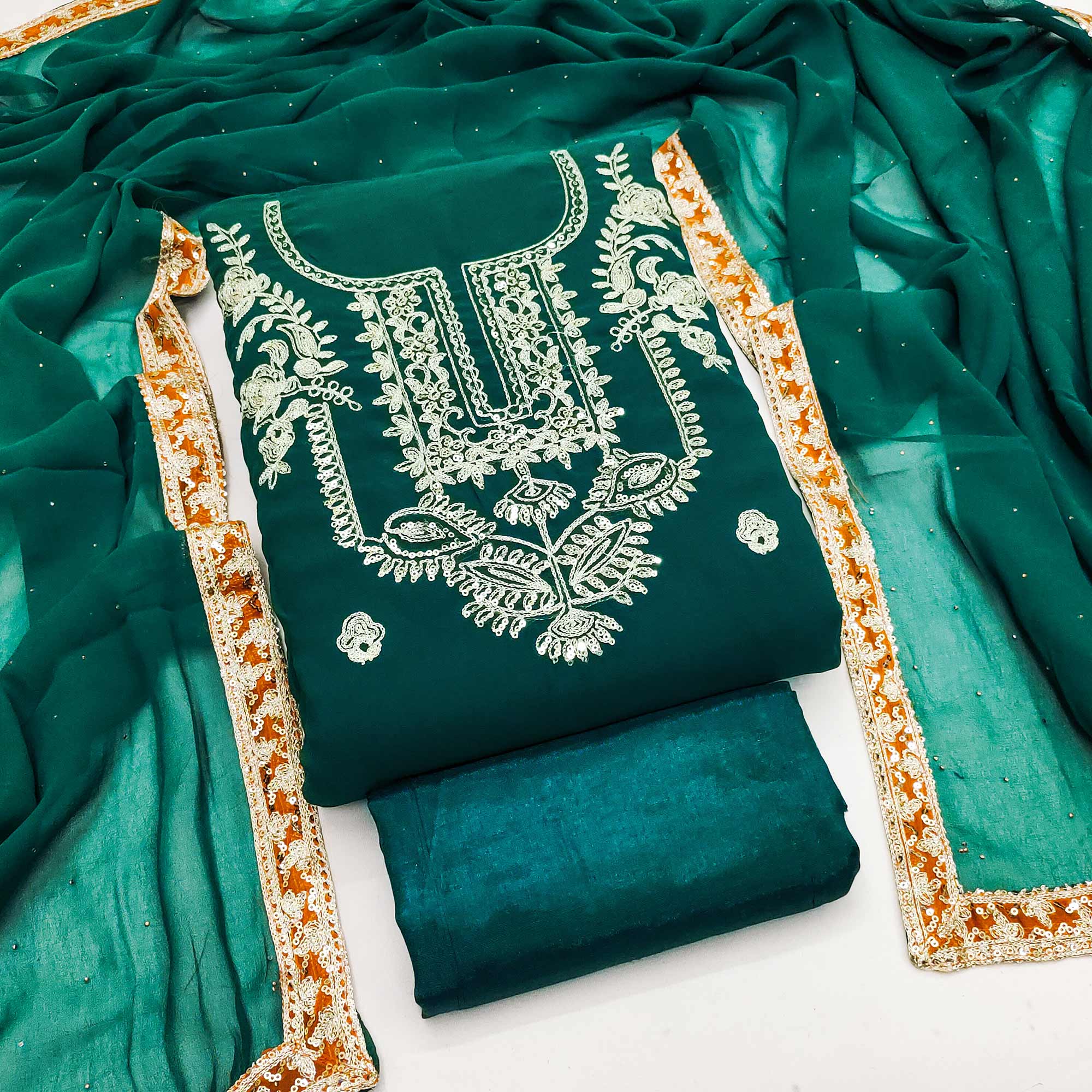 Rama Green Georgette Dress Material Featuring Floral Thread Embroidery With Sequins Accents - Image 3