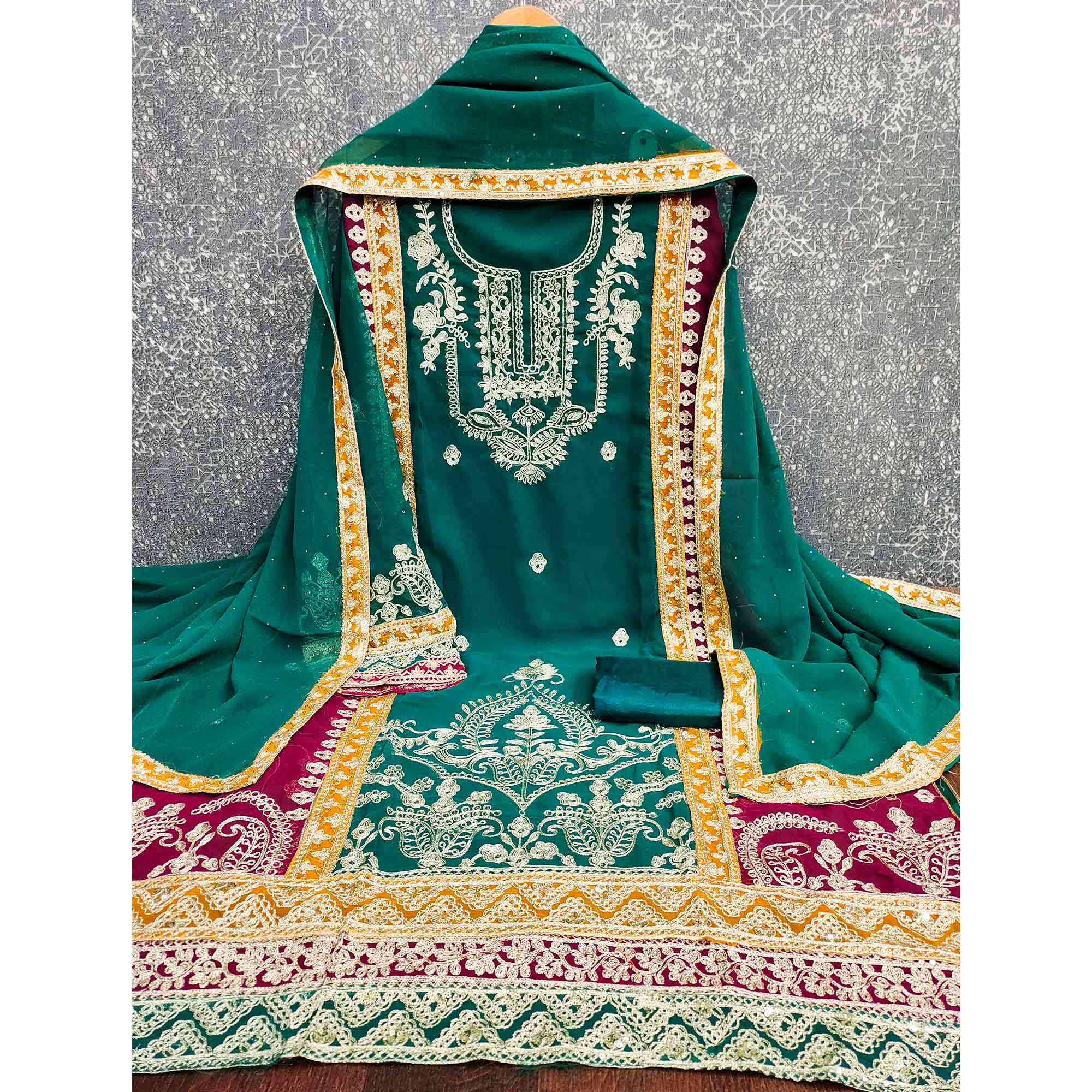 Rama Green Georgette Dress Material Featuring Floral Thread Embroidery With Sequins Accents - Image 4