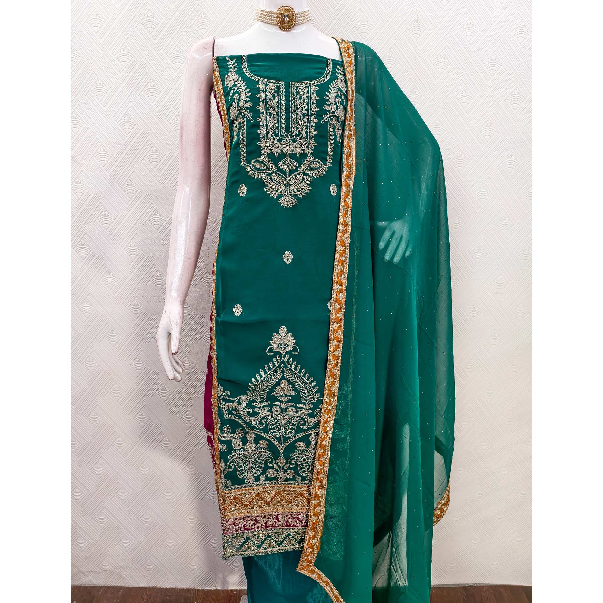 Rama Green Georgette Dress Material Featuring Floral Thread Embroidery With Sequins Accents - Image 5