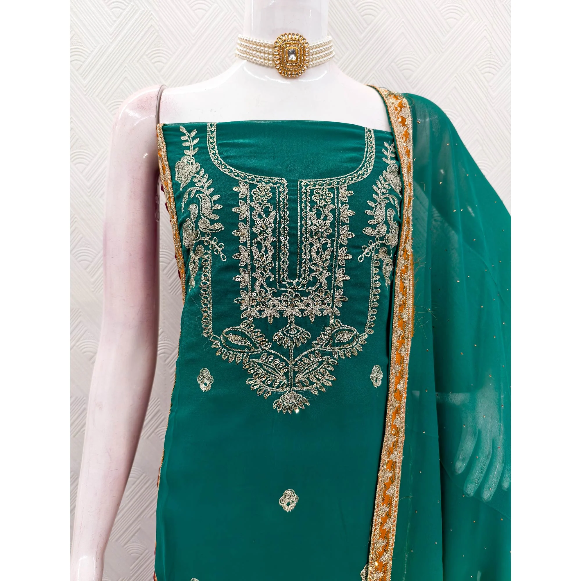 Rama Green Georgette Dress Material Featuring Floral Thread Embroidery With Sequins Accents - Image 6