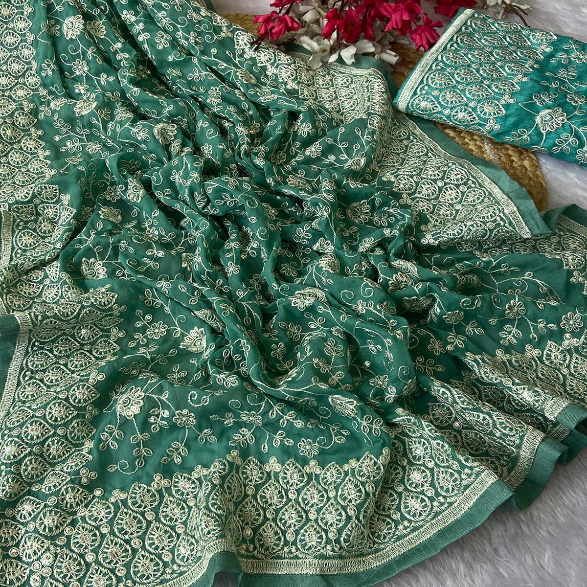 Rama Green Georgette Saree With Sparkling Sequins & Delicate Floral Embroidery - Image 2