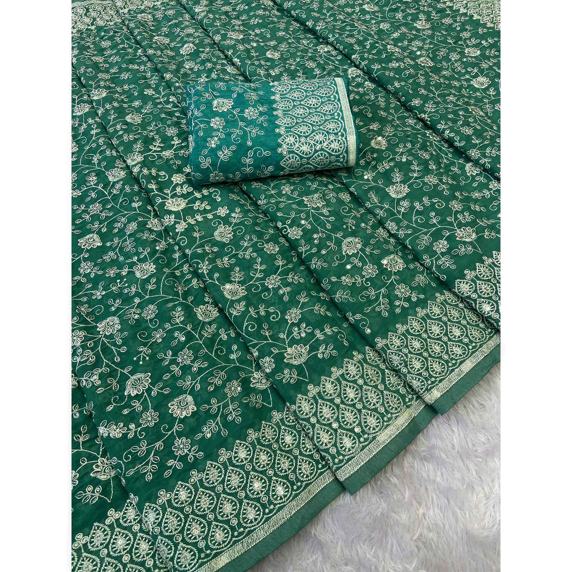 Rama Green Georgette Saree With Sparkling Sequins & Delicate Floral Embroidery - Image 5