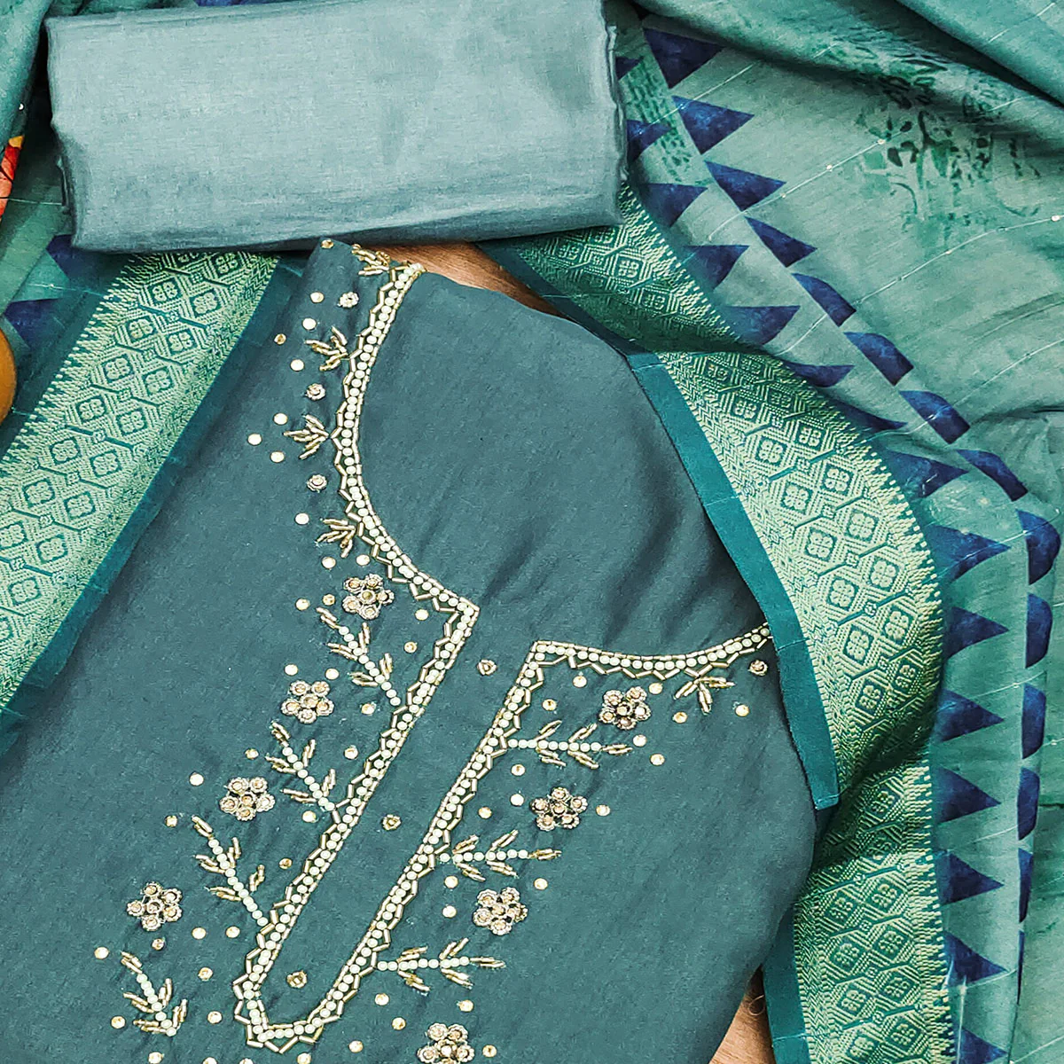 Rama Green Handwork Simmer Jacquard Dress Material - Image 2