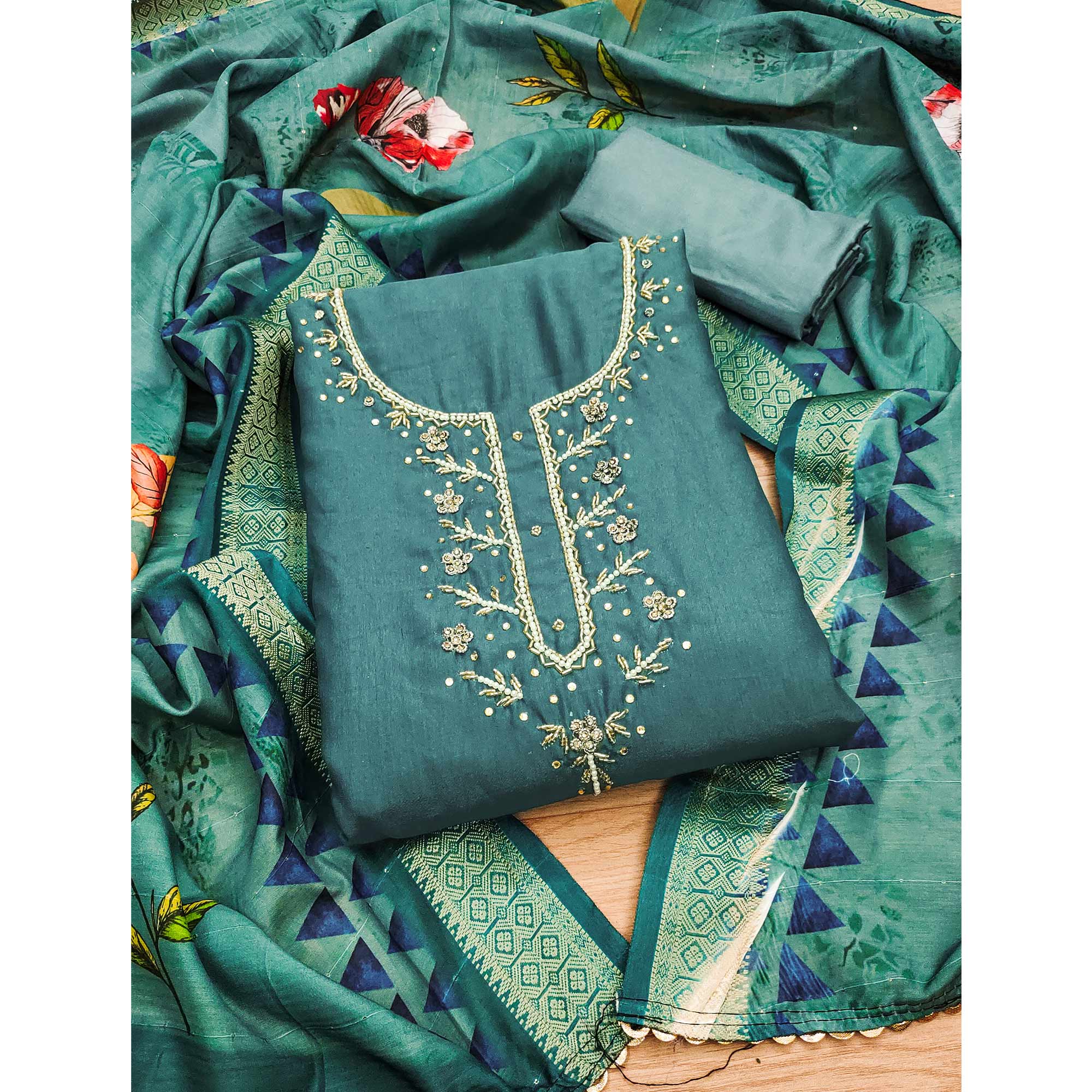 Rama Green Handwork Simmer Jacquard Dress Material - Image 3