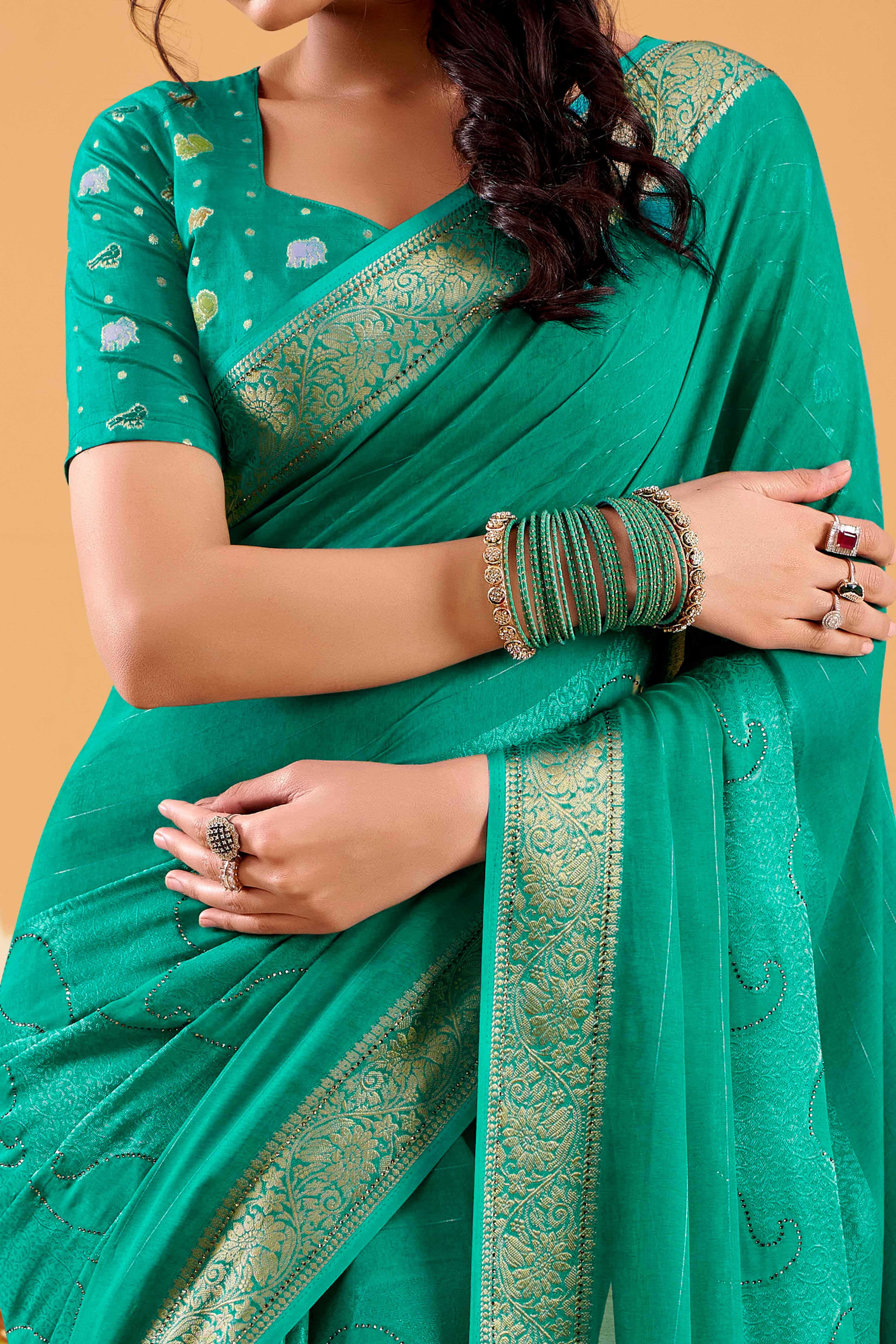 Rama Green Jacquard Saree Featuring Swarovski Embellishments With Rich Paisley & Floral Weave - Image 2