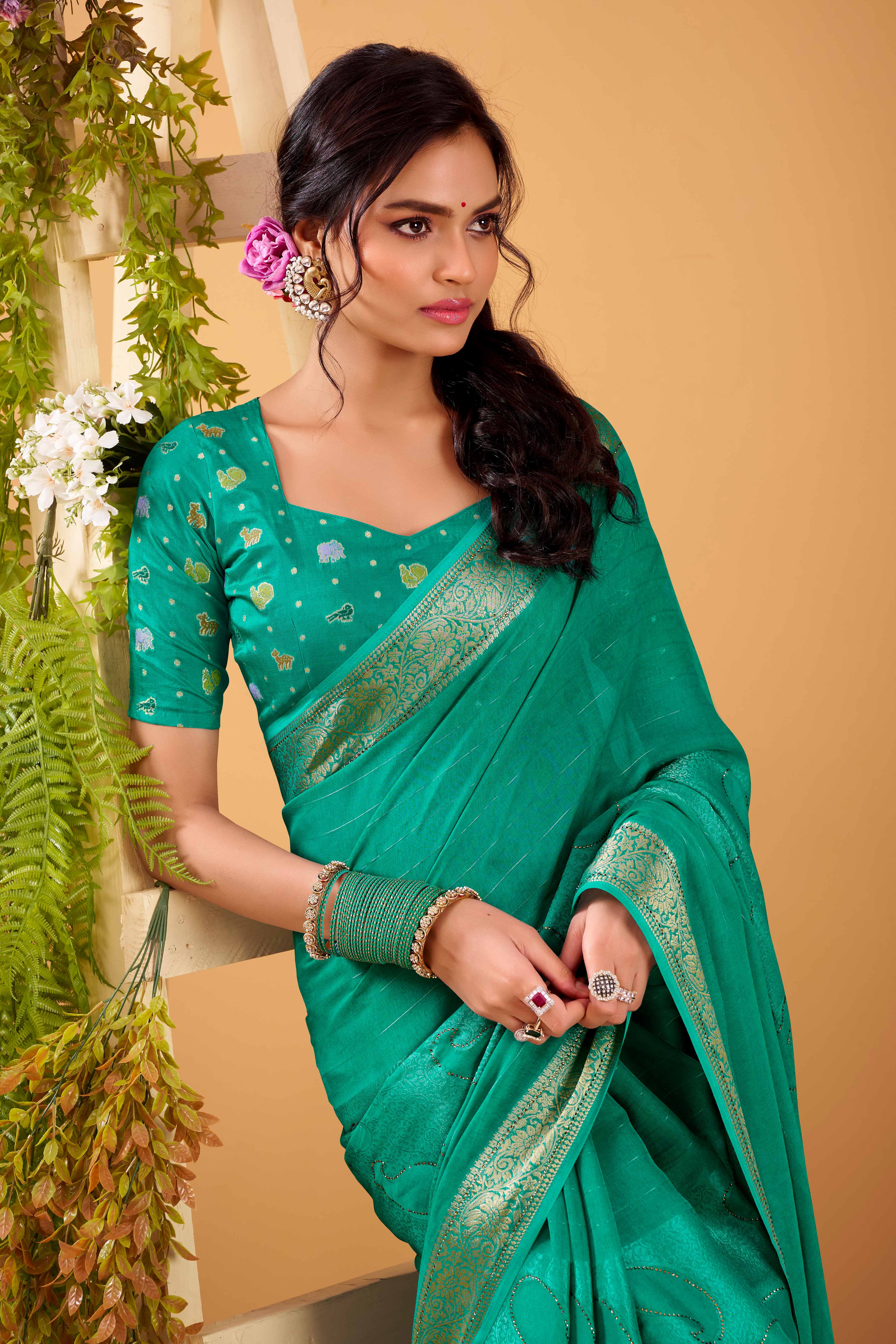 Rama Green Jacquard Saree Featuring Swarovski Embellishments With Rich Paisley & Floral Weave - Image 4