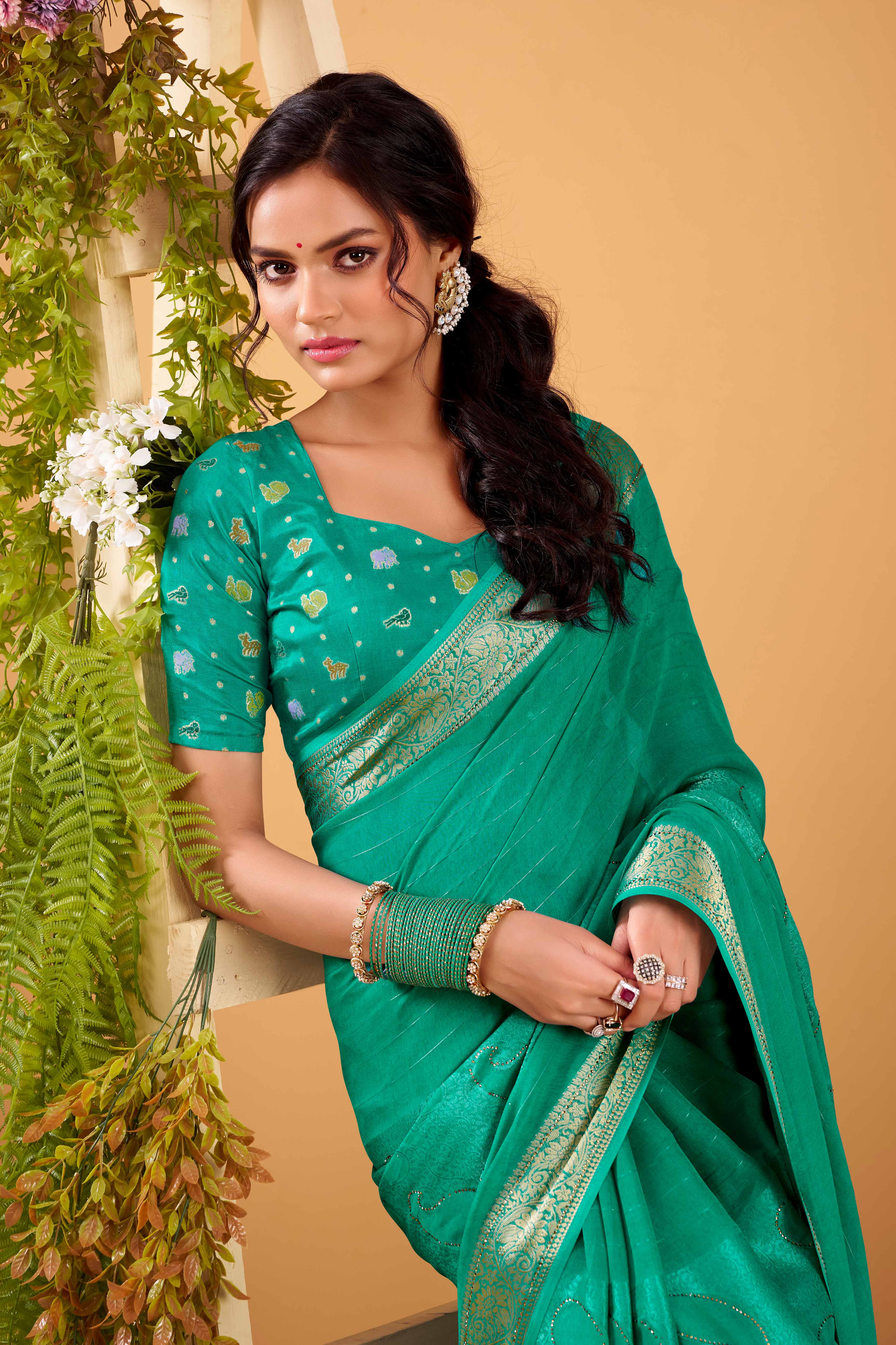 Rama Green Jacquard Saree Featuring Swarovski Embellishments With Rich Paisley & Floral Weave - Image 5