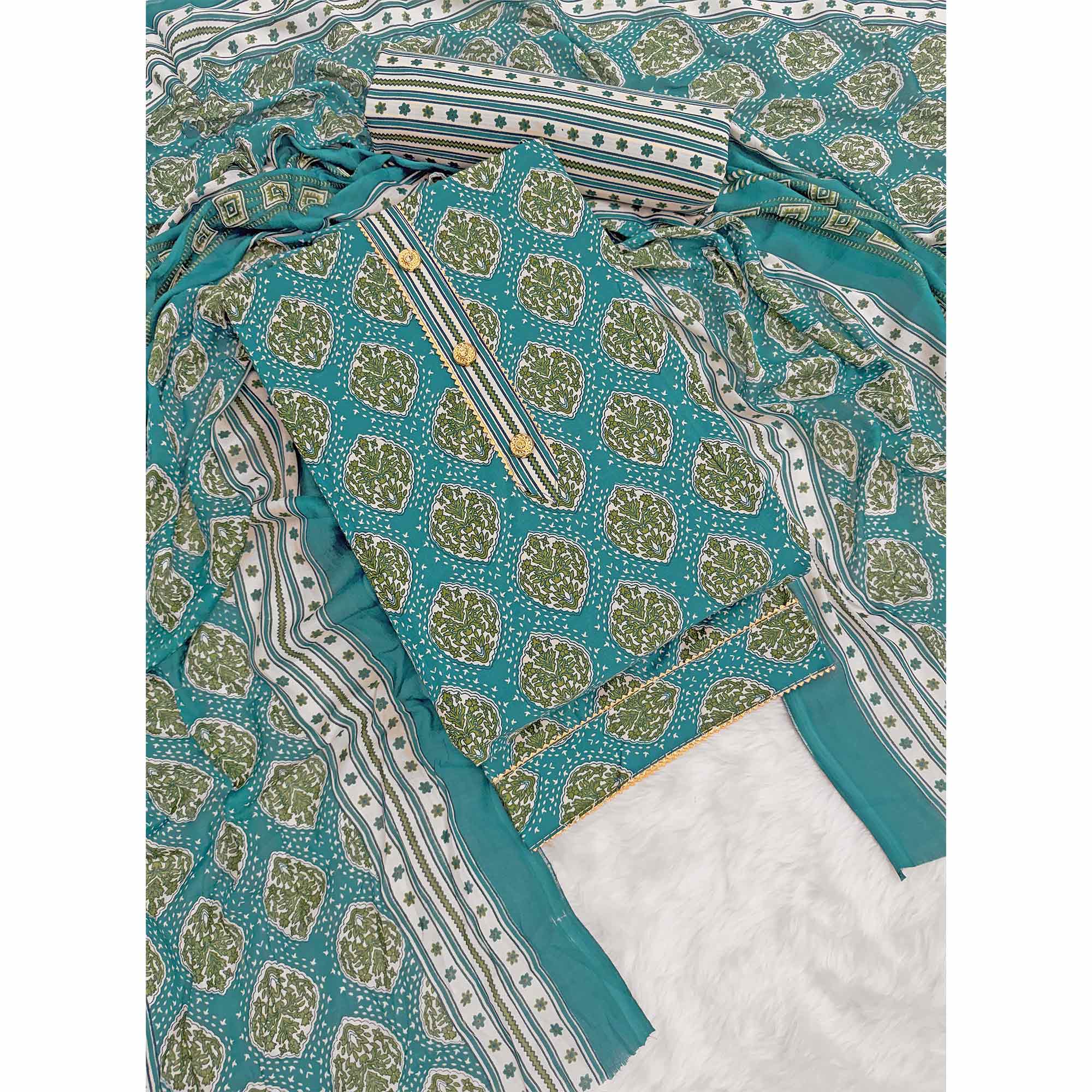 Rama Green Lightweight Pure Cotton Dress Fabric Featuring Delicate Floral Prints - Image 3