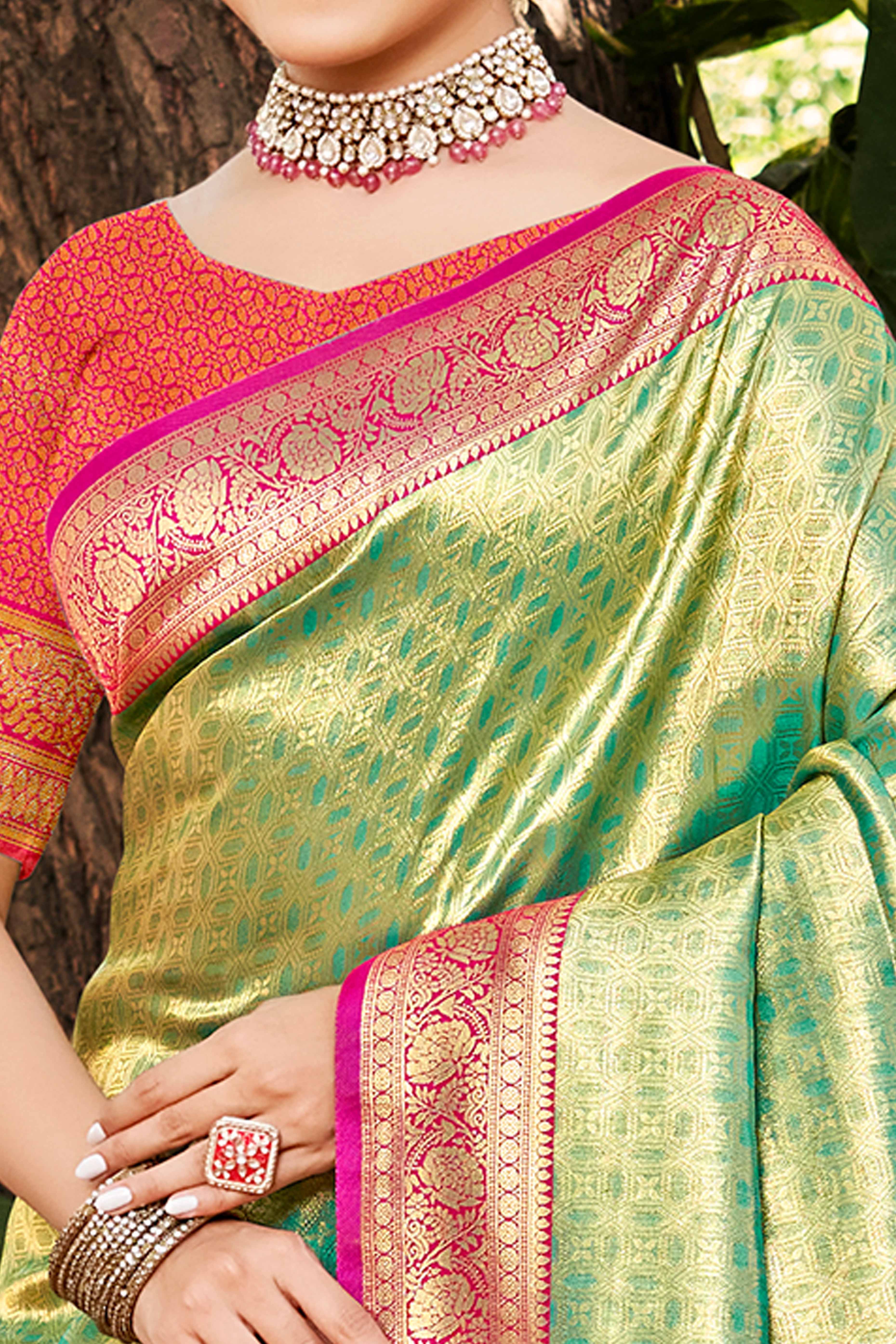 Rama Green Paithani Saree In Kanjivaram Silk Adorned With Intricate Floral Weaving - Image 2