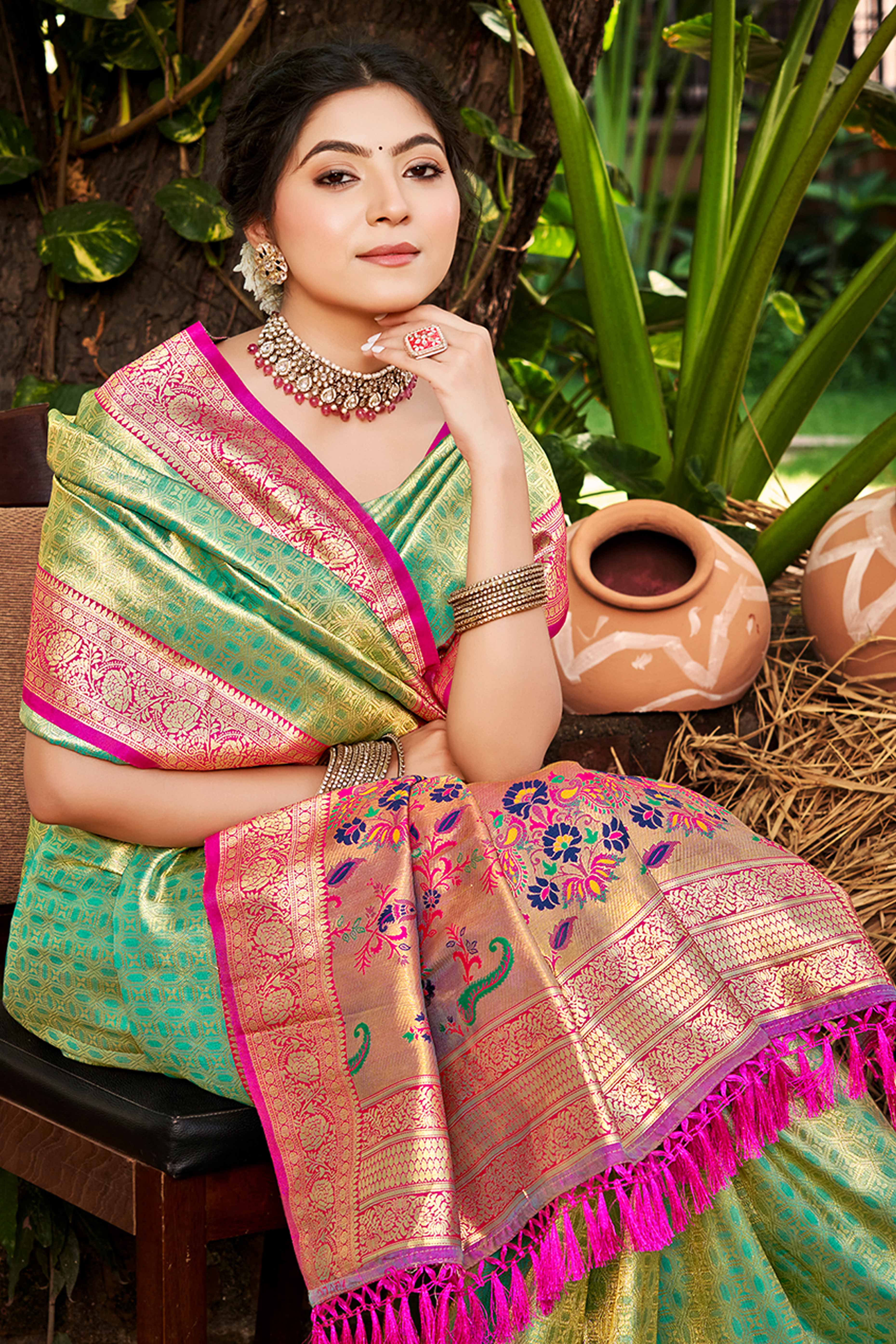 Rama Green Paithani Saree In Kanjivaram Silk Adorned With Intricate Floral Weaving - Image 3