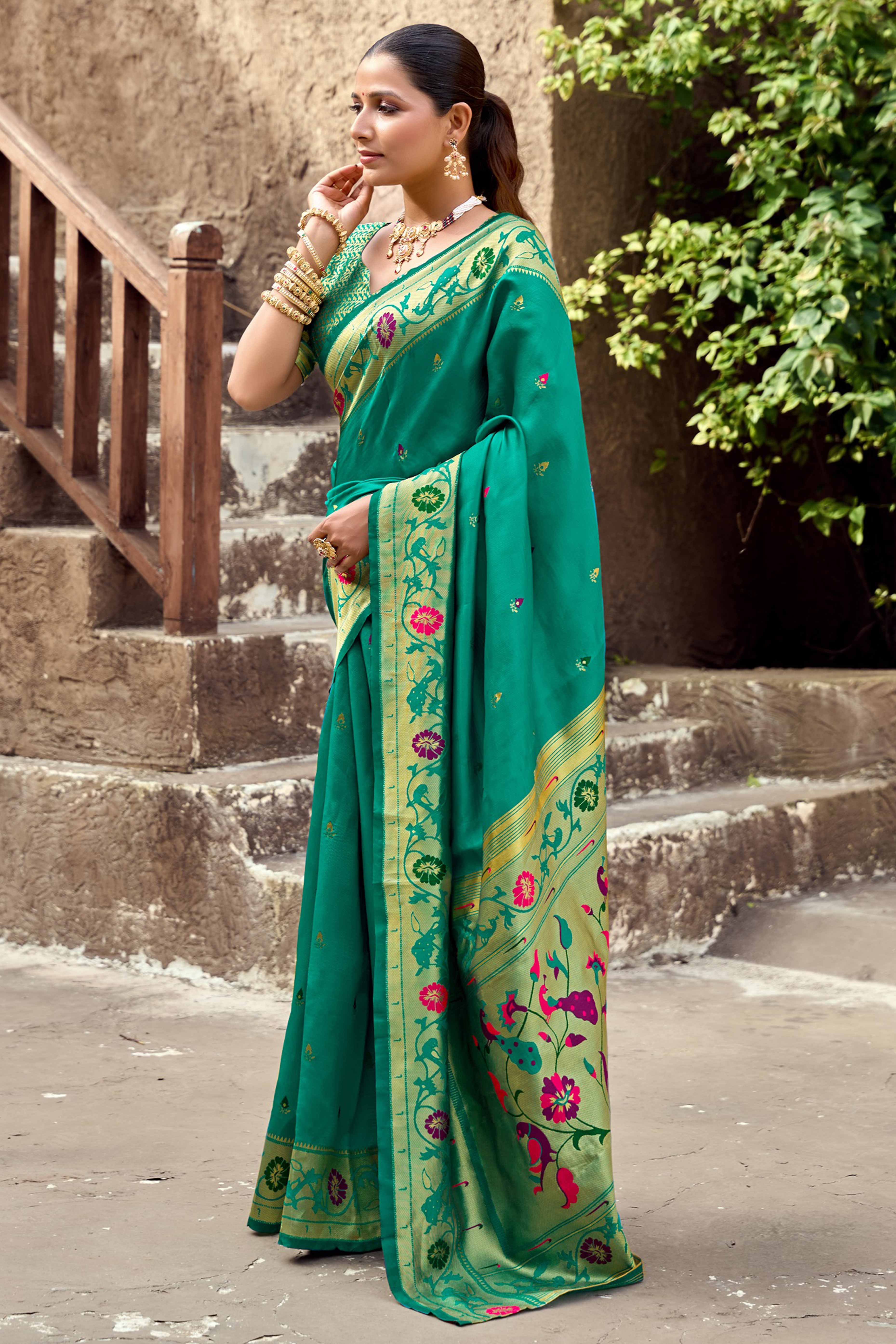 Rama Green Paithani Style Soft Silk Saree with Zari Weaving - Image 4