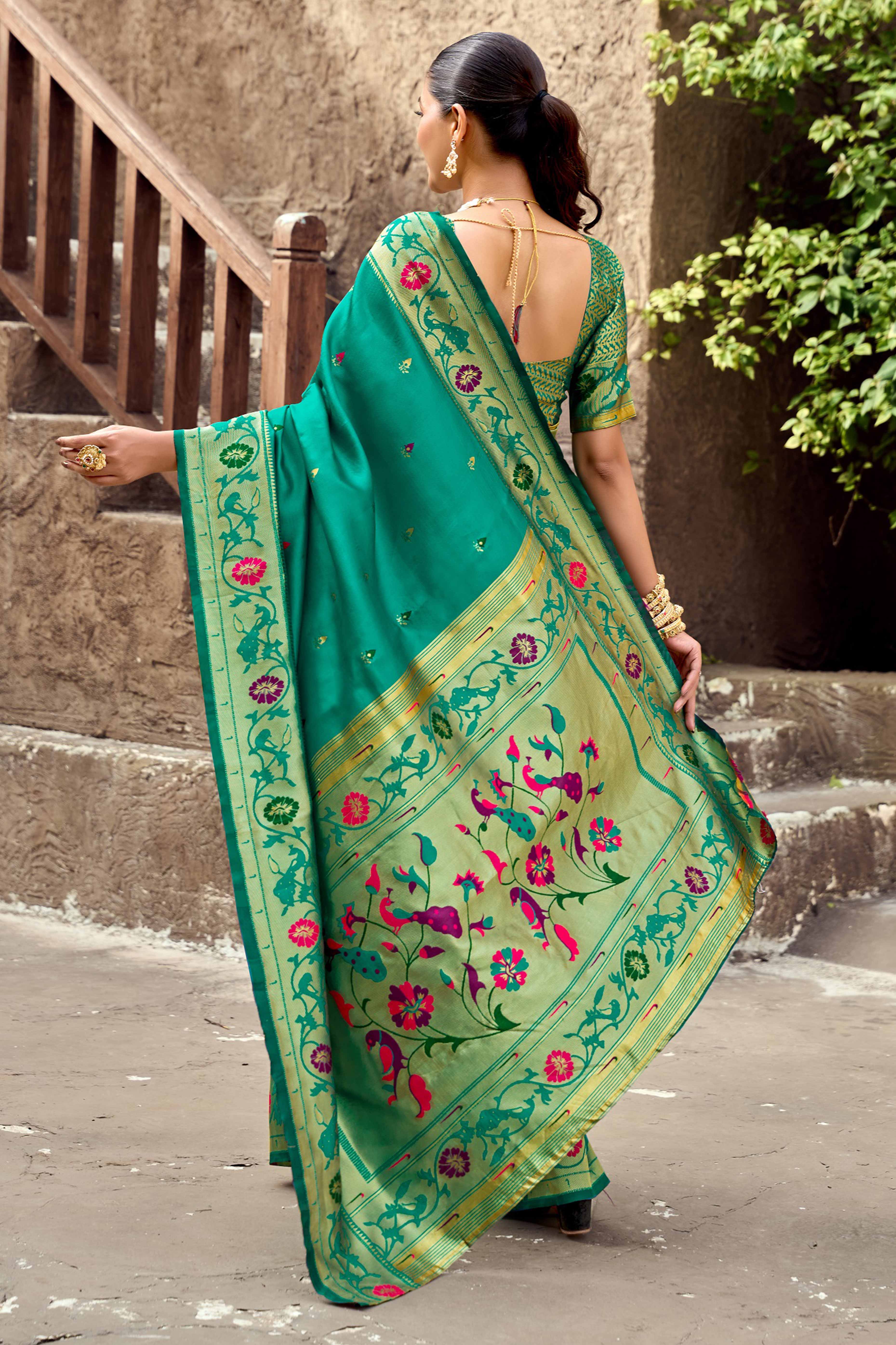 Rama Green Paithani Style Soft Silk Saree with Zari Weaving - Image 5