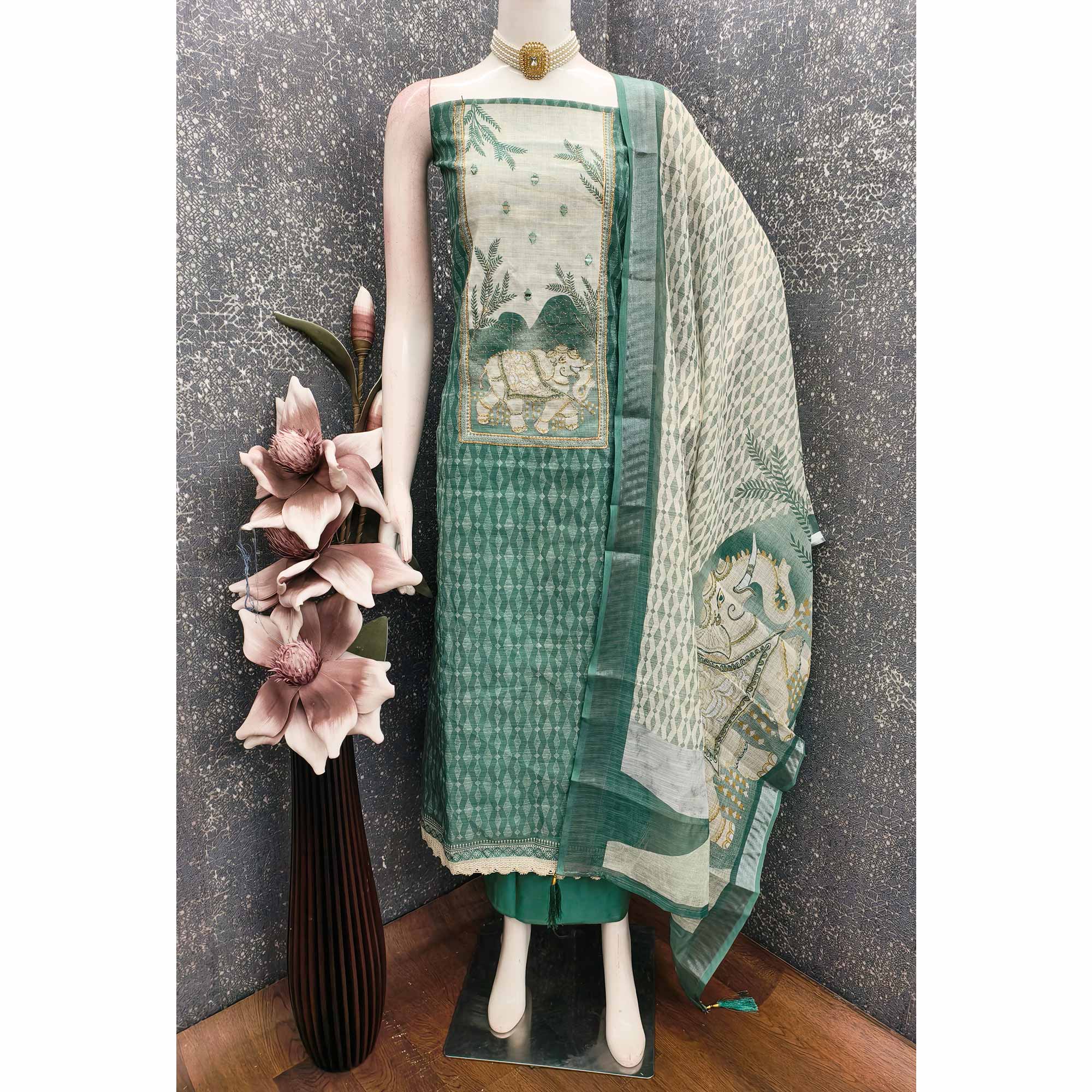 Rama Green Premium Woven Linen Dress Material for Comfortable Styling - Image 3