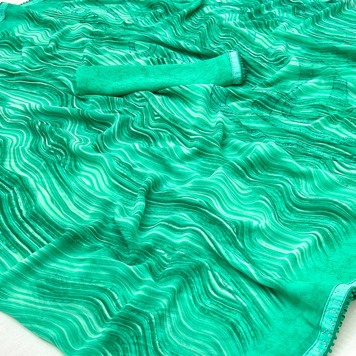 Rama Green Printed Georgette Saree With Fancy Lace Border - Image 2