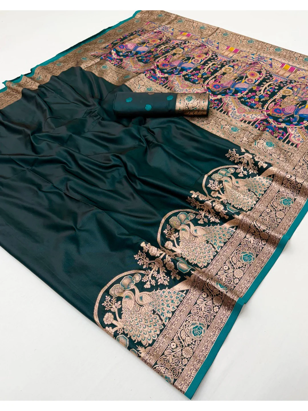 Rama Green Satin Silk Saree with Elaborate Zari Weaving and Peacock Motifs - Image 3