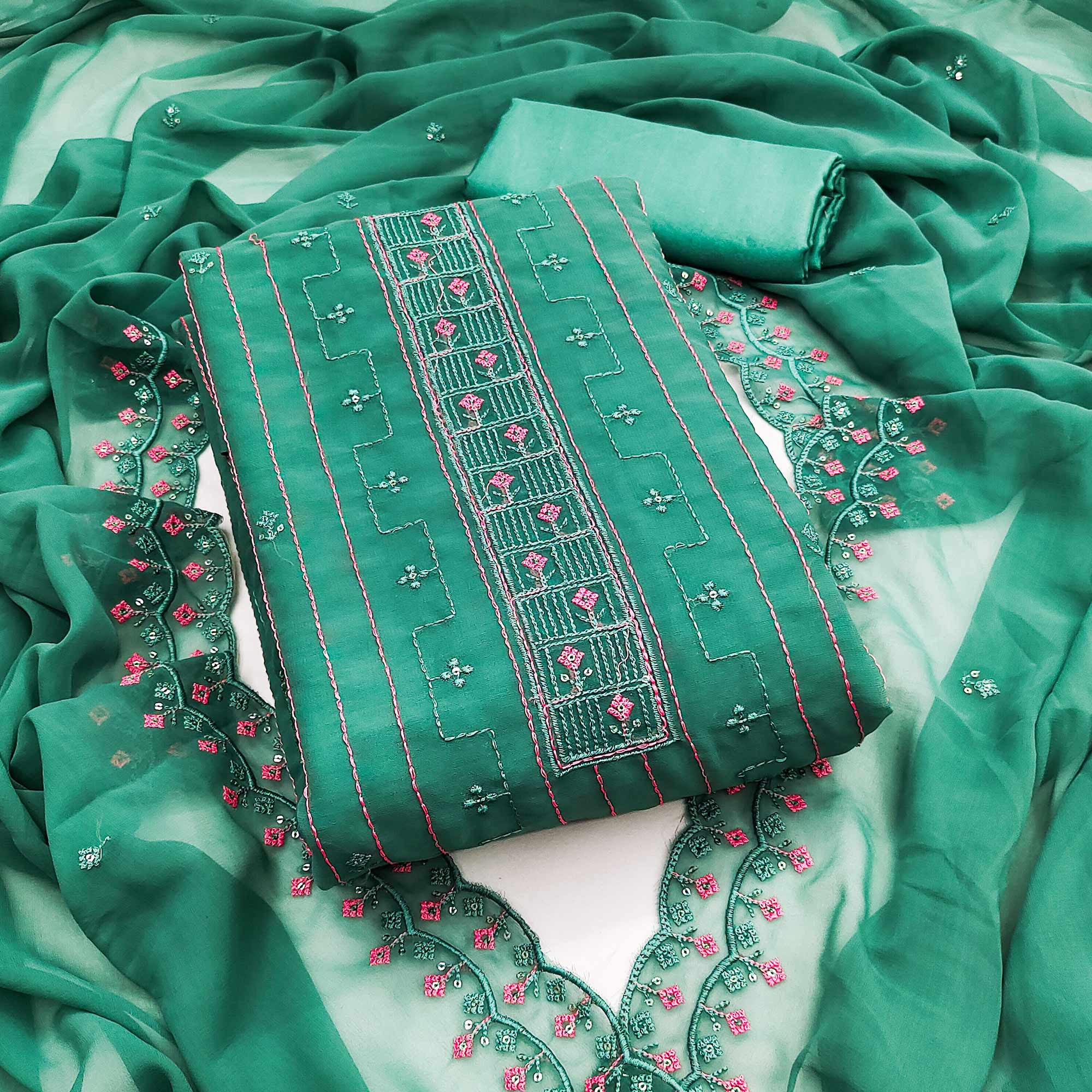 Rama Green Sequins Embroidered Georgette Dress Material - Image 3