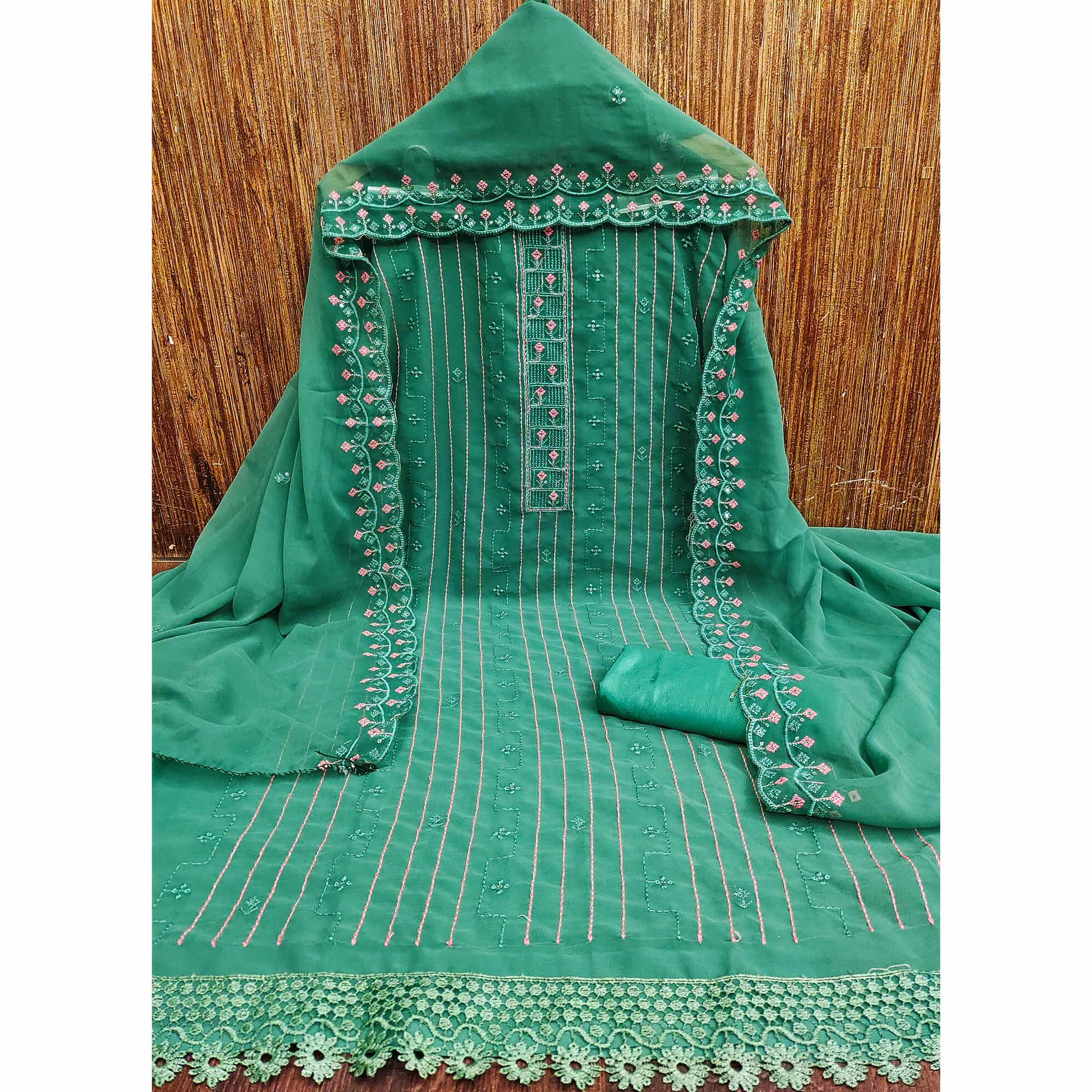 Rama Green Sequins Embroidered Georgette Dress Material - Image 4