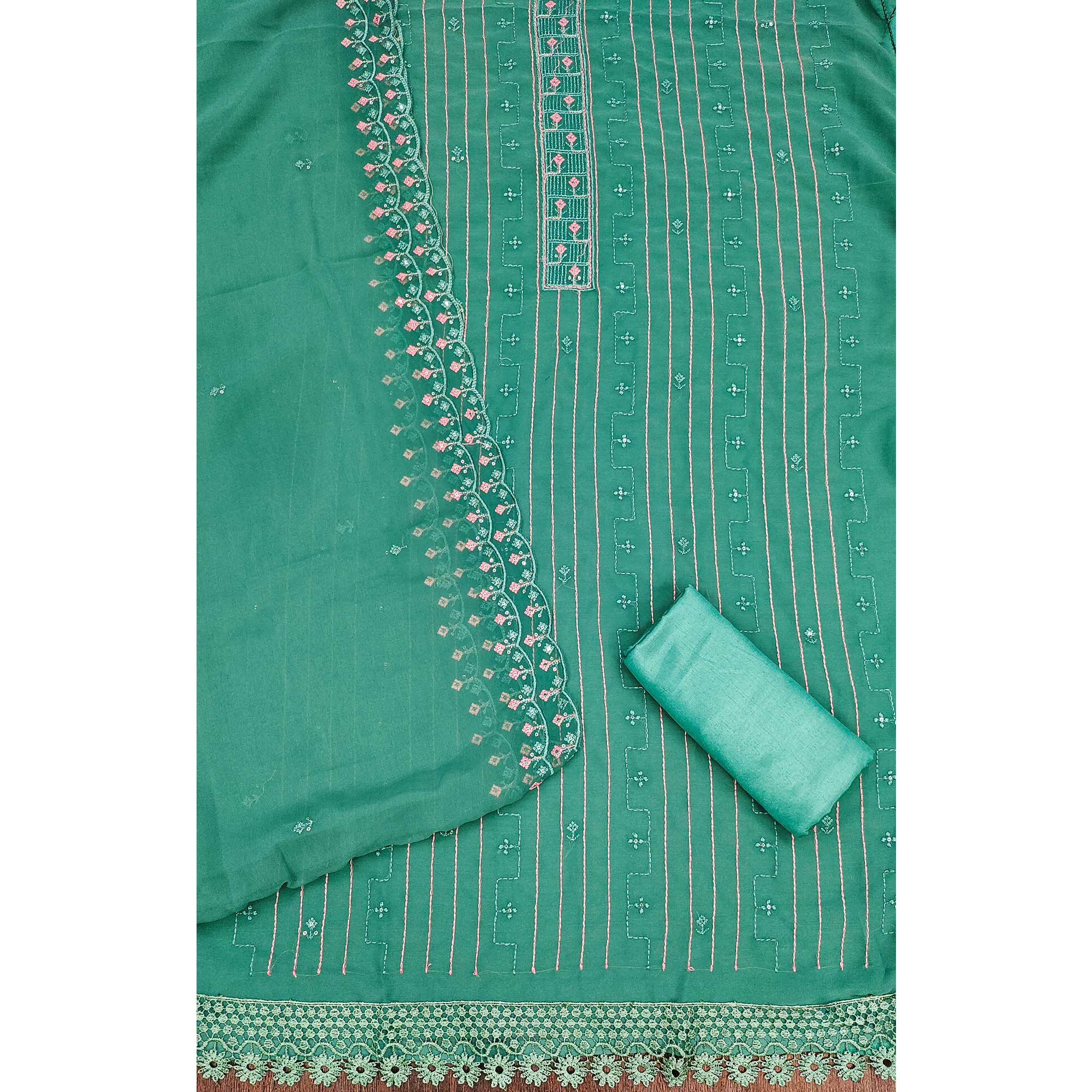 Rama Green Sequins Embroidered Georgette Dress Material - Image 5