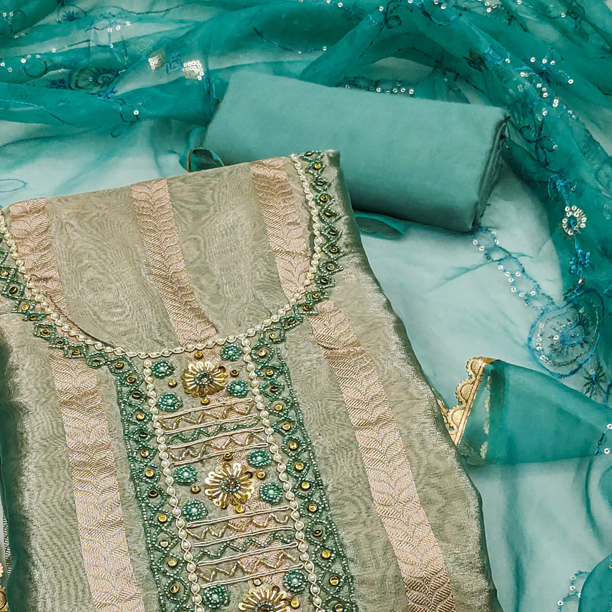 Rama Green Sequins Hand Embroidery Organza Dress Material - Image 2