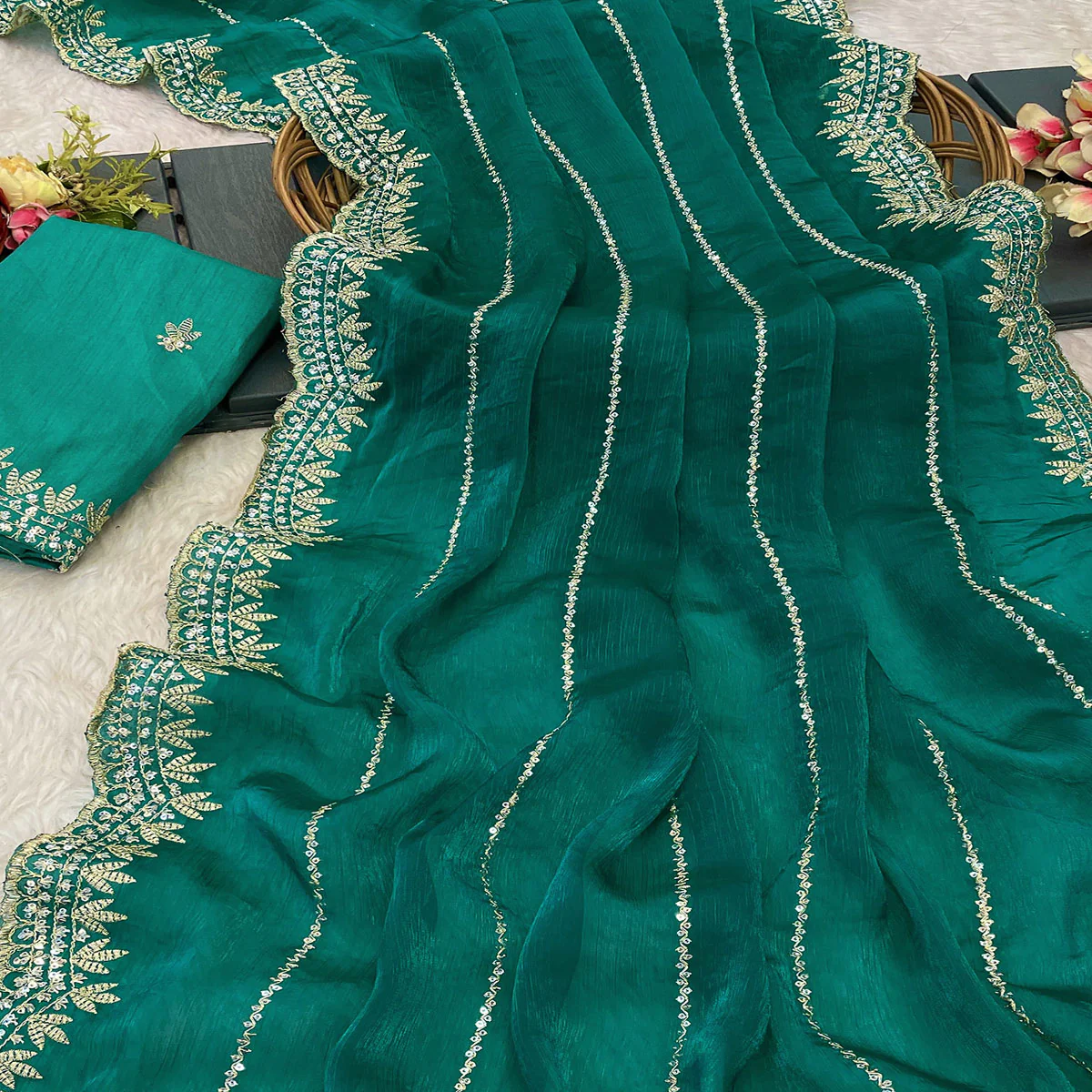 Rama Green Sequins Work Embroidered Chiffon Saree - Image 2