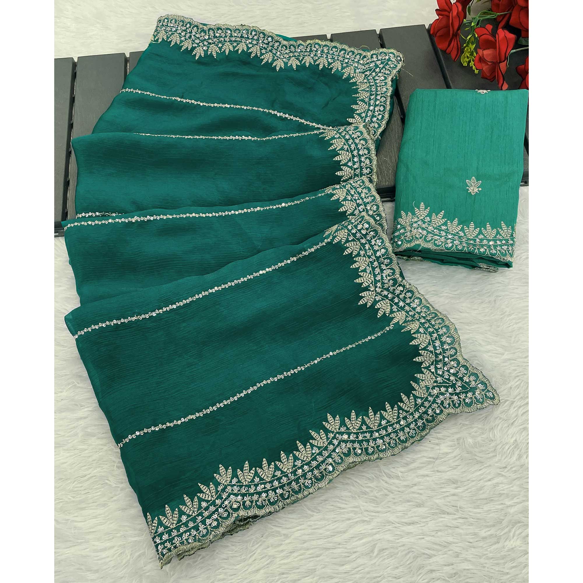 Rama Green Sequins Work Embroidered Chiffon Saree - Image 5