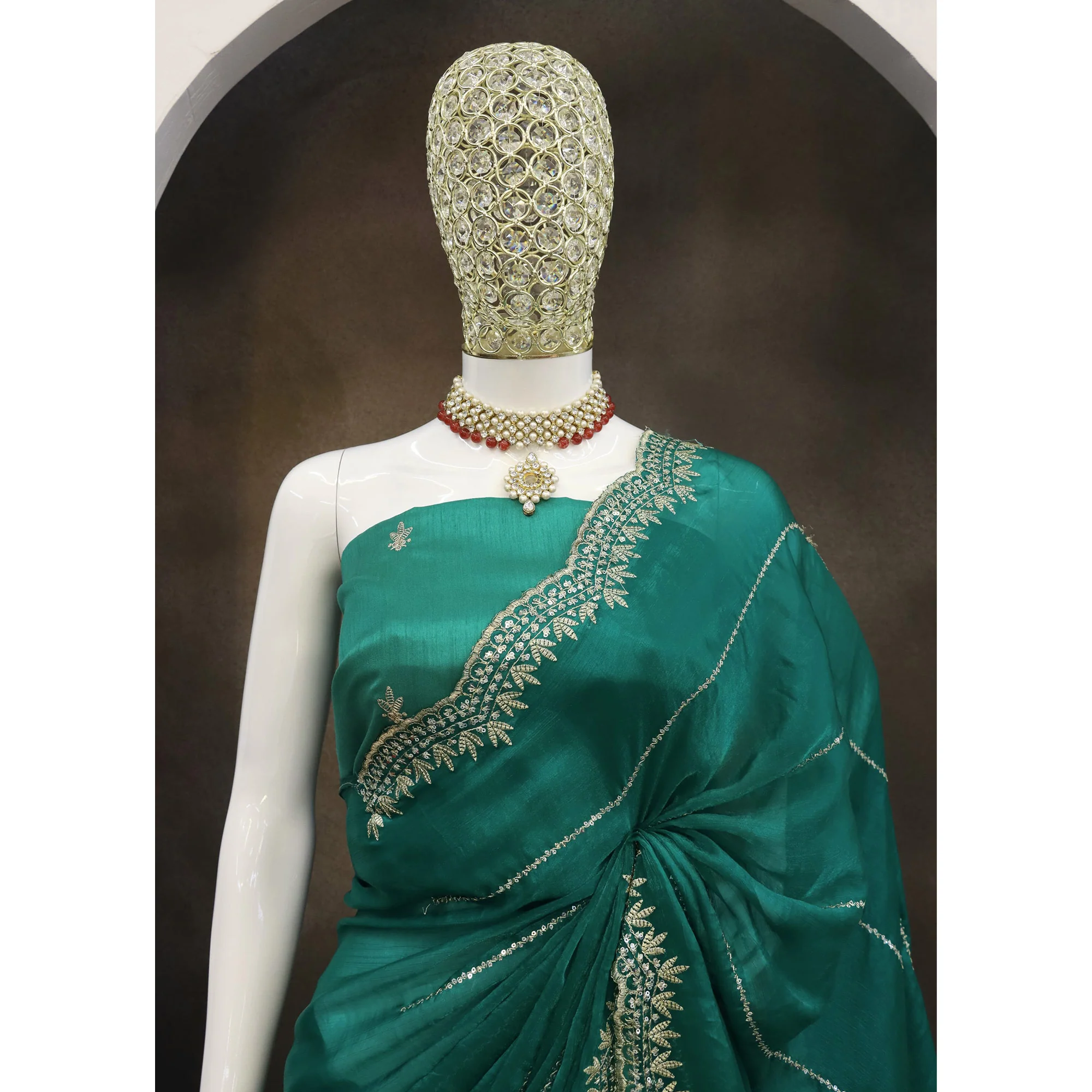 Rama Green Sequins Work Embroidered Chiffon Saree - Image 7