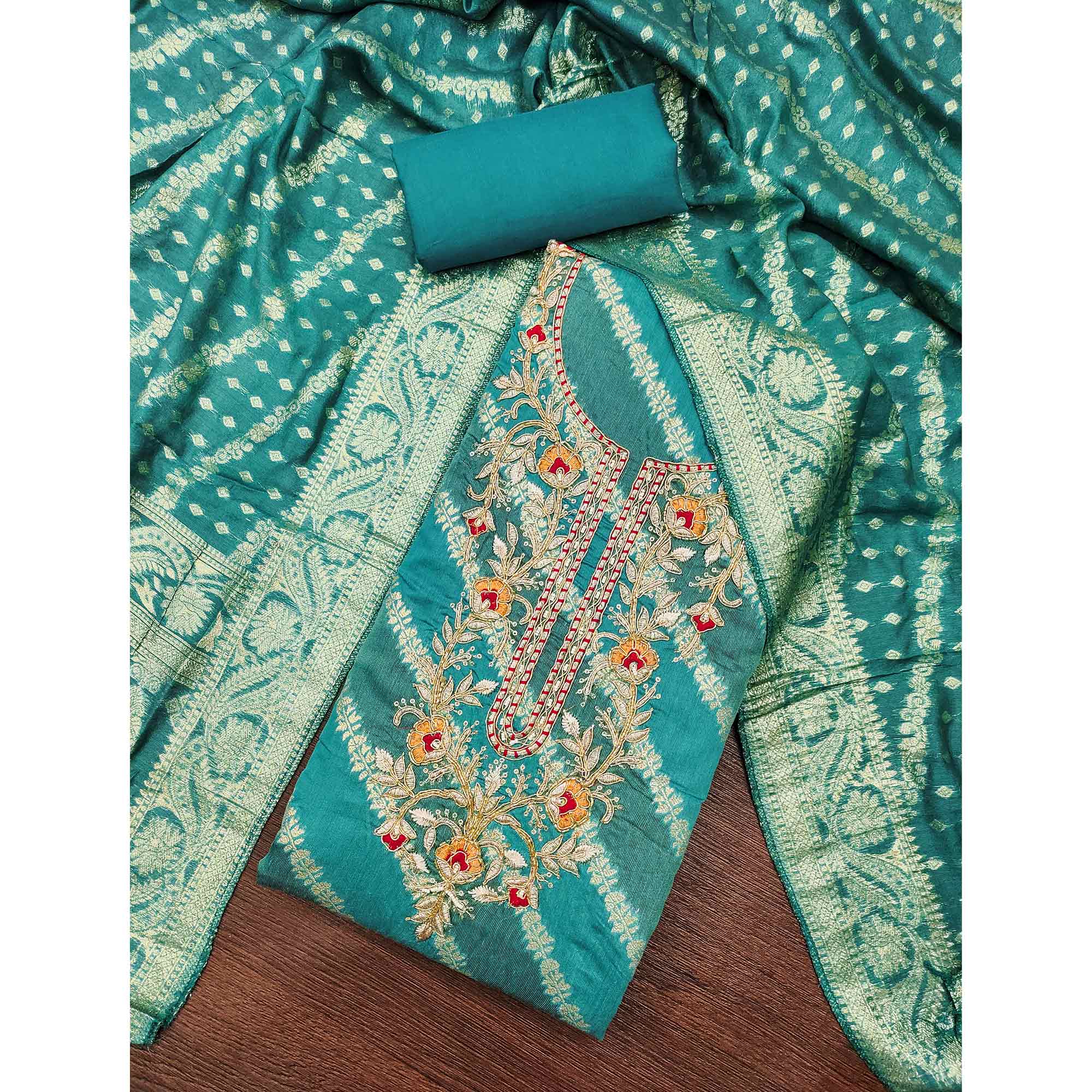 Rama Green Shimmer Cotton Silk Suit Material Featuring Zari Weaving and Artistic Embroidered Detailing - Image 3