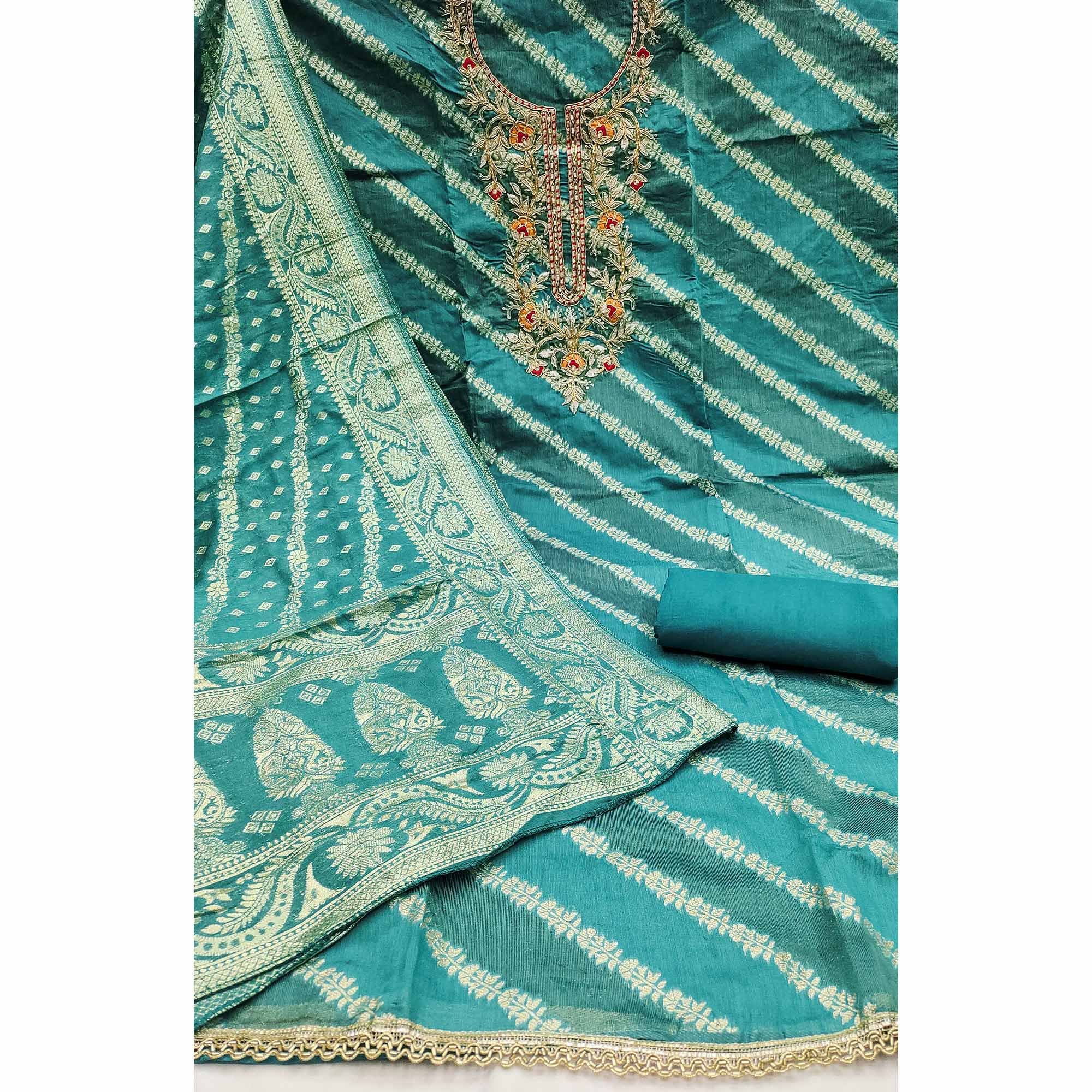 Rama Green Shimmer Cotton Silk Suit Material Featuring Zari Weaving and Artistic Embroidered Detailing - Image 4