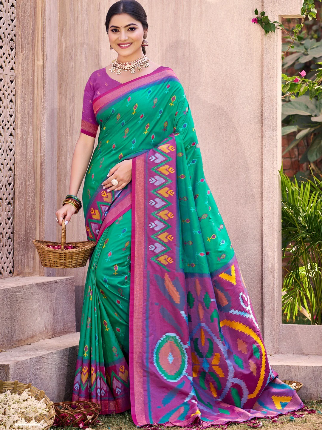 Rama Green Silk Blend Saree Featuring Classic Ikkat Print and Intricate Woven Design Finish