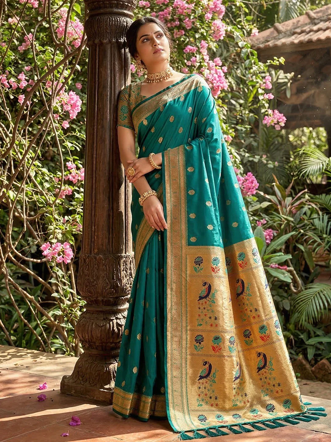 Rama Green Silk Blend Saree with Peacock Zari Work In Paithani Style
