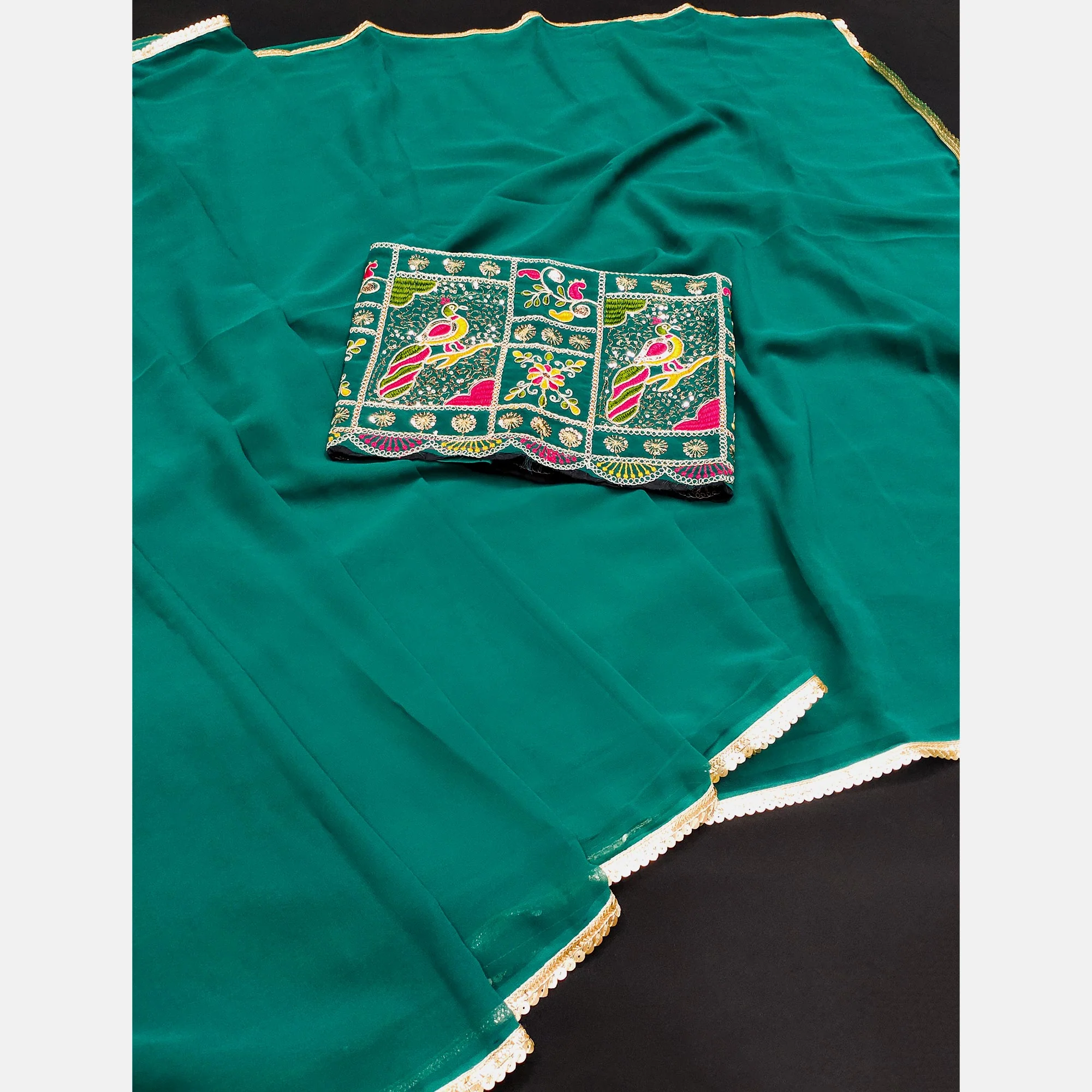 Rama Green Solid Georgette Saree With Sequins Border - Image 3