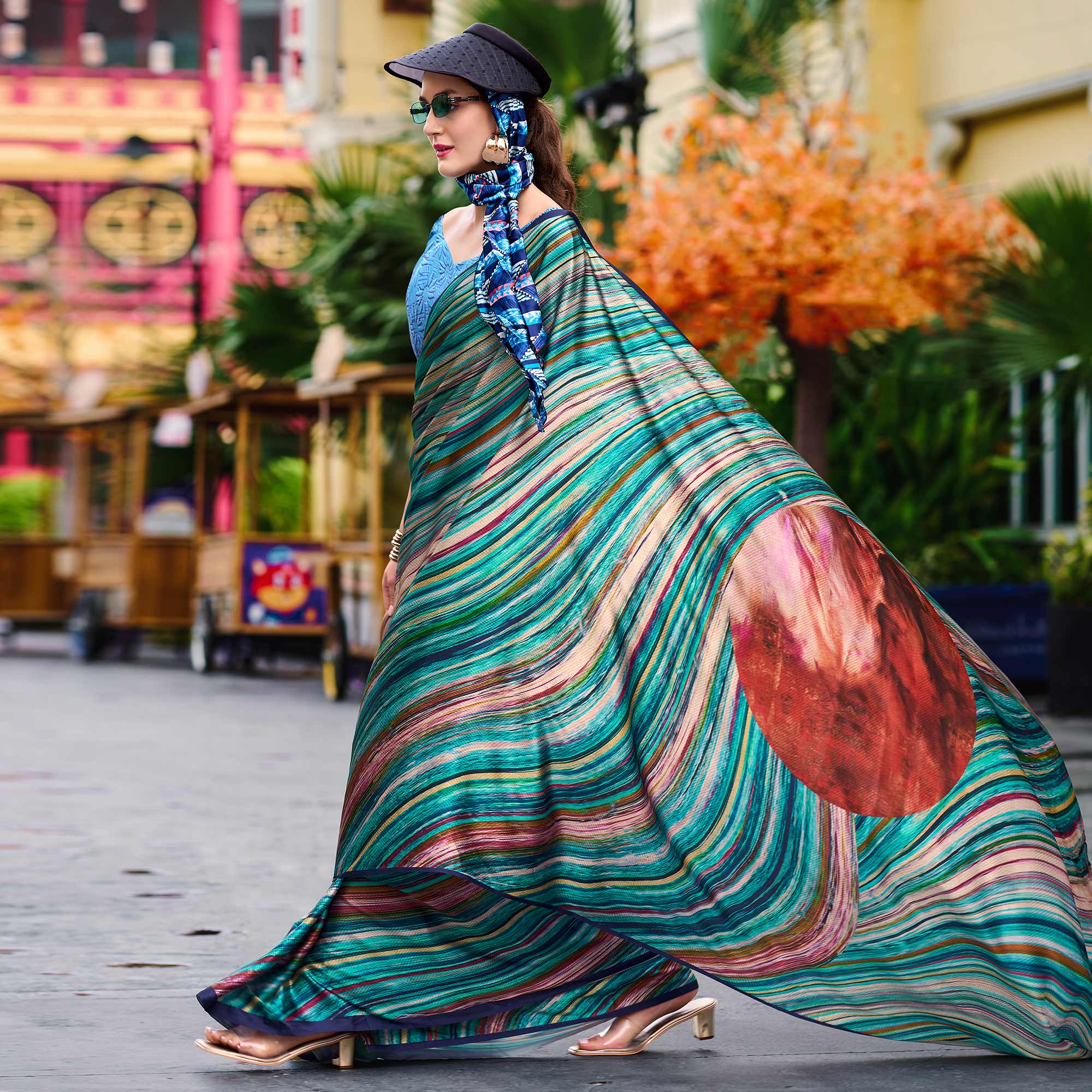 Rama Green Striped Digital Printed Pure Satin Saree - Image 4