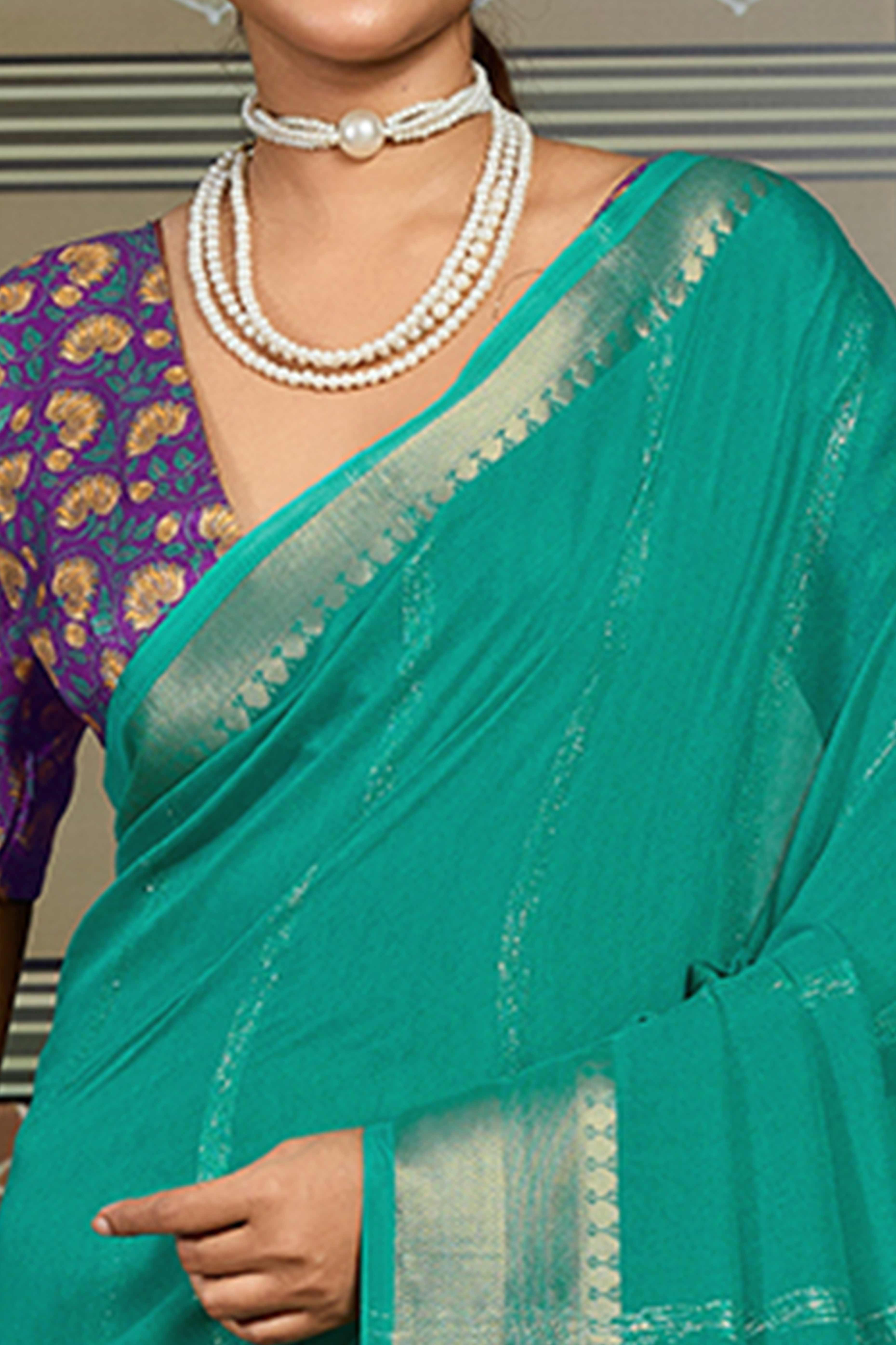 Rama Green Striped Pattern Bemberg Saree Adorned With Intricate Zari Weaving & Graceful Tassel Pallu - Image 2
