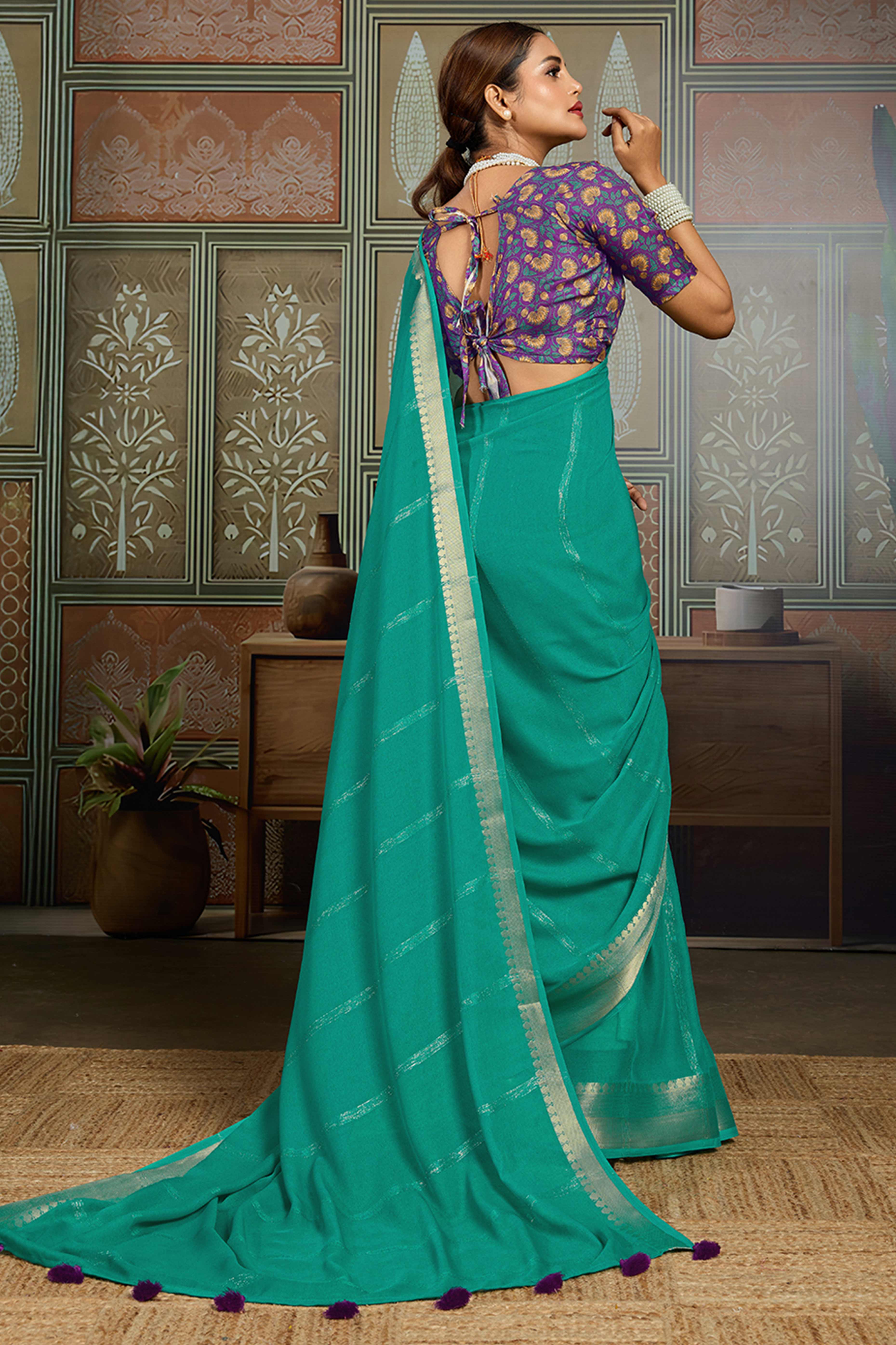Rama Green Striped Pattern Bemberg Saree Adorned With Intricate Zari Weaving & Graceful Tassel Pallu - Image 4