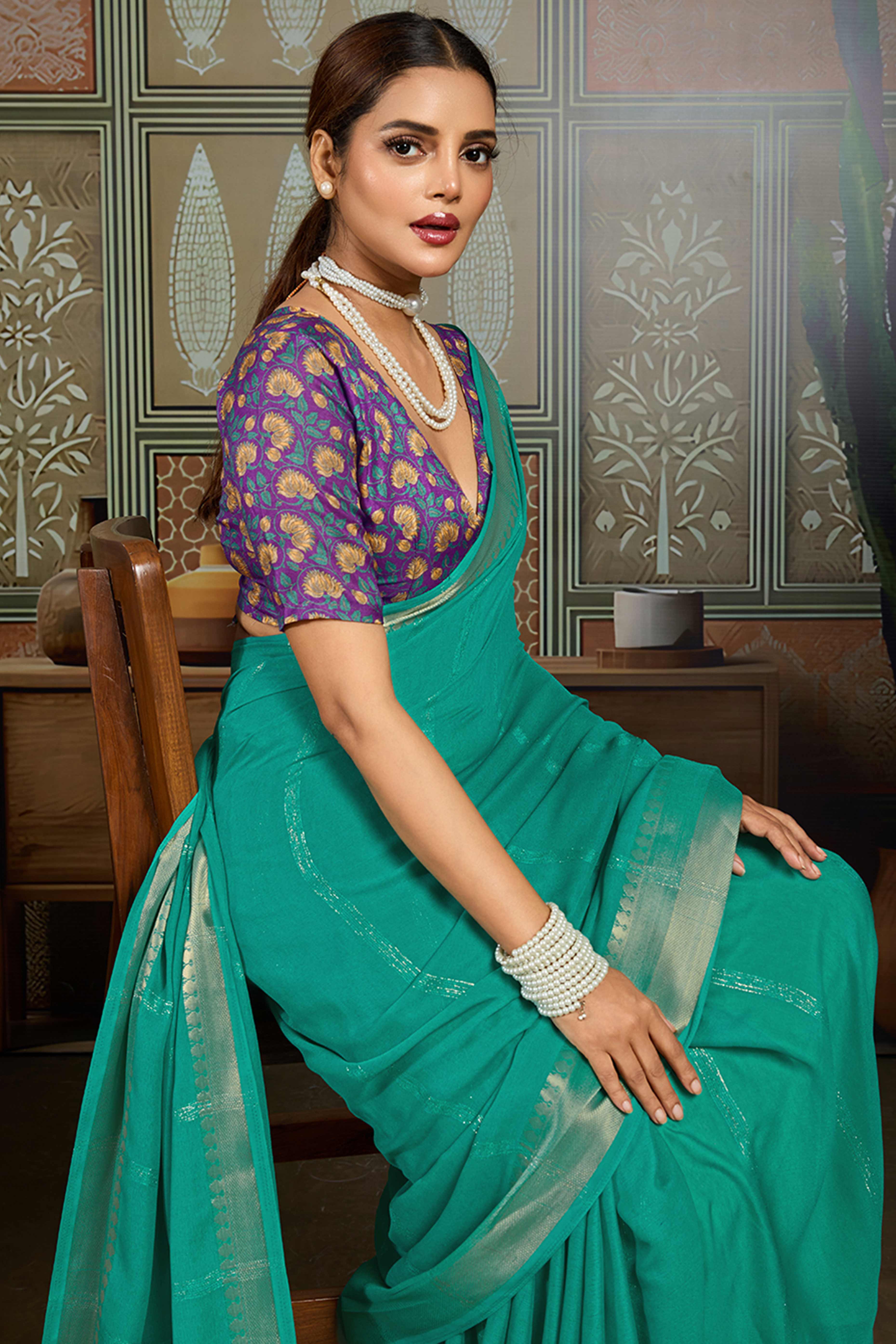 Rama Green Striped Pattern Bemberg Saree Adorned With Intricate Zari Weaving & Graceful Tassel Pallu - Image 6