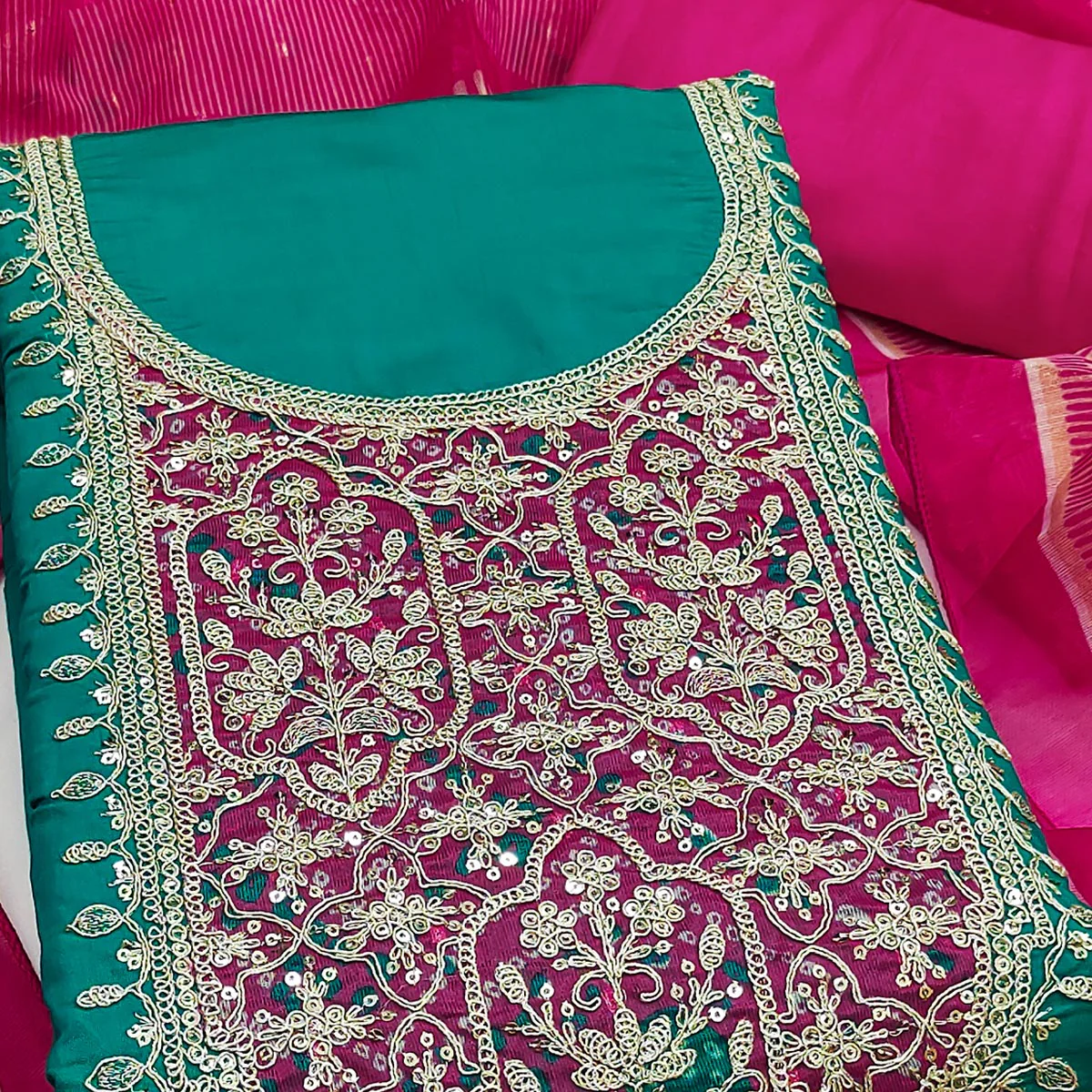 Rama Green Unstitched Dress Material in Cotton Blend with Elegant Sequins & Floral Embroidery - Image 2