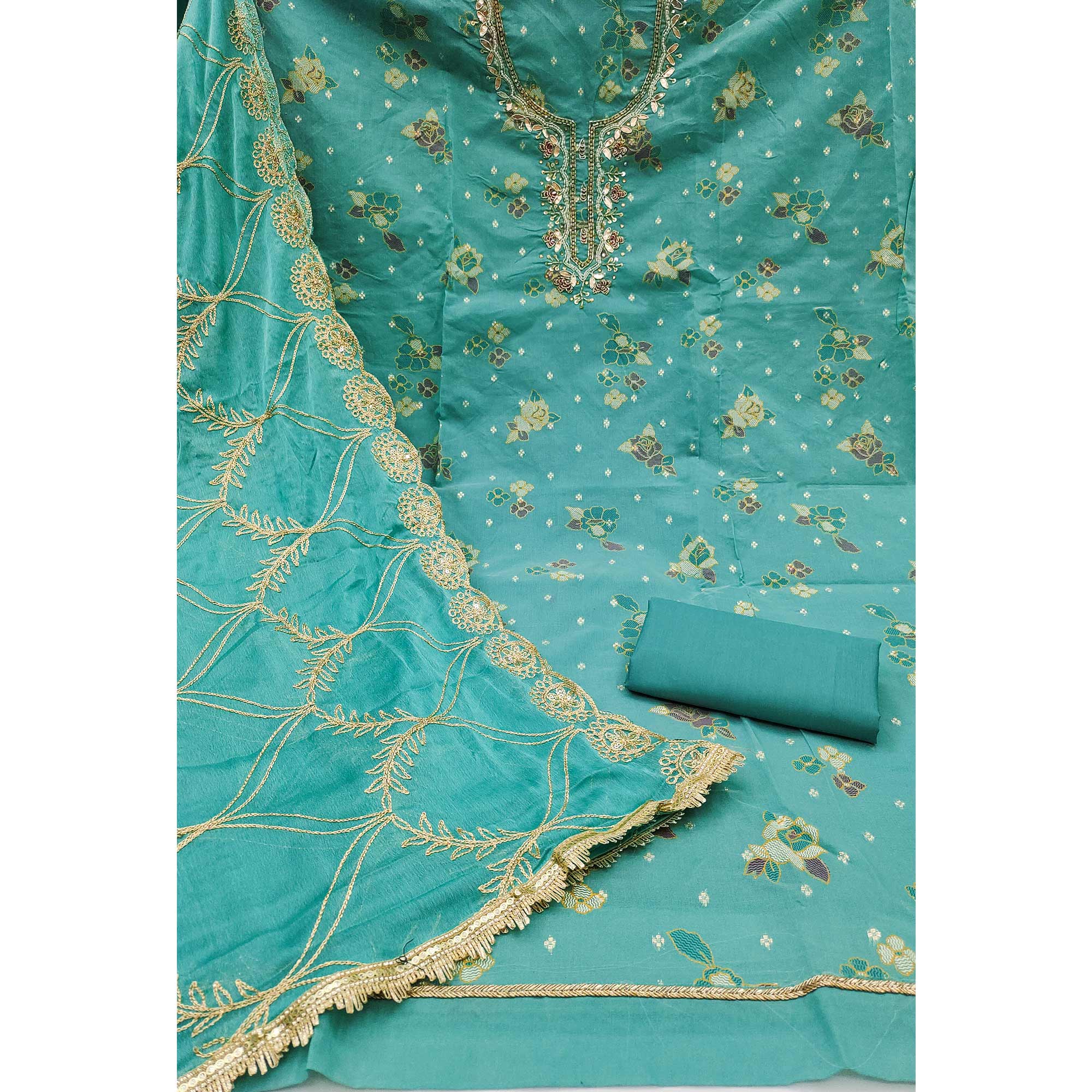 Rama Green Unstitched Dress Material in Shimmer Cotton Silk with Delicate Thread Work Embroidery - Image 4