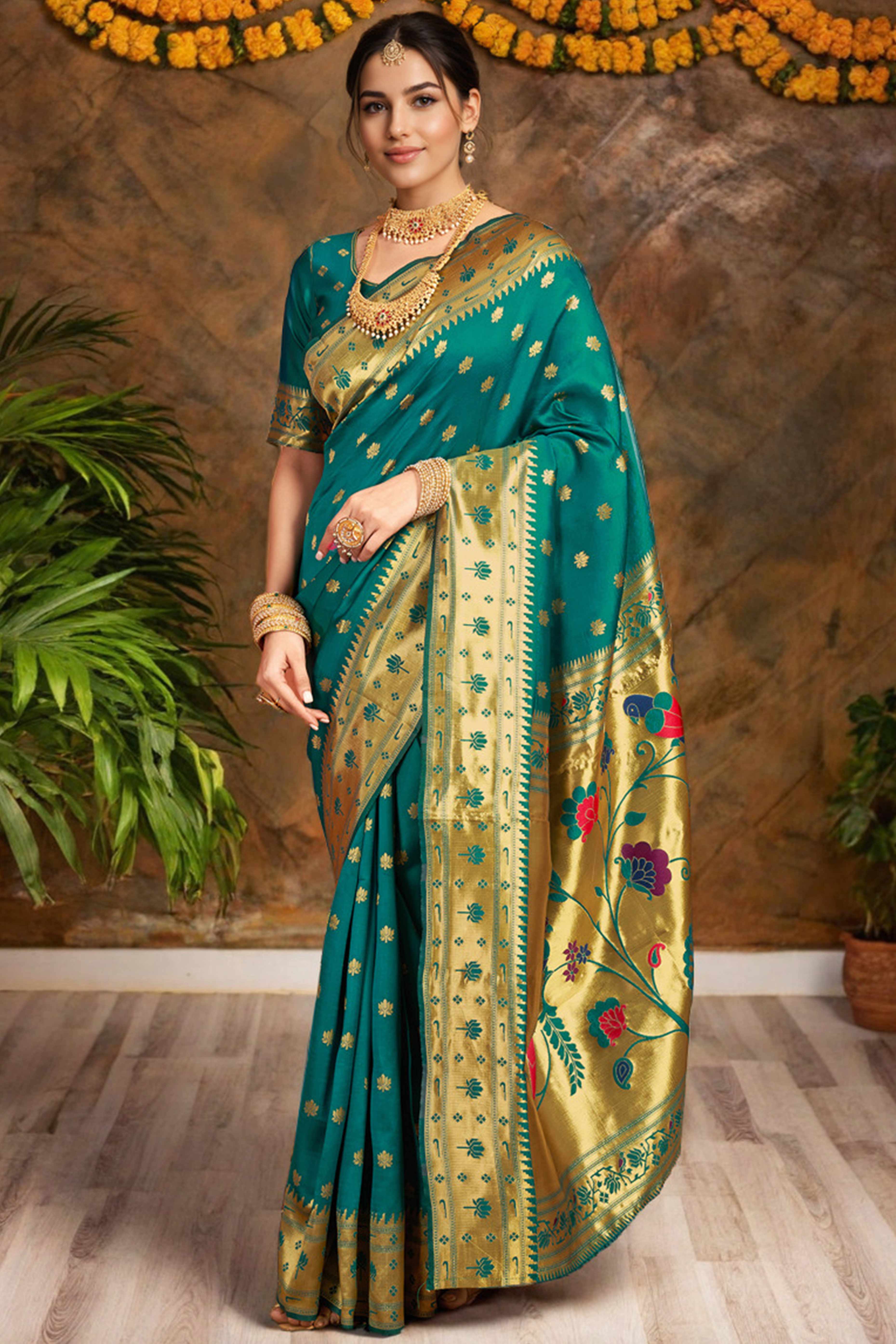 Rama Green Weaving Silk Blend Paithani Saree With Floral & Parrot Motif Pallu - Image 3