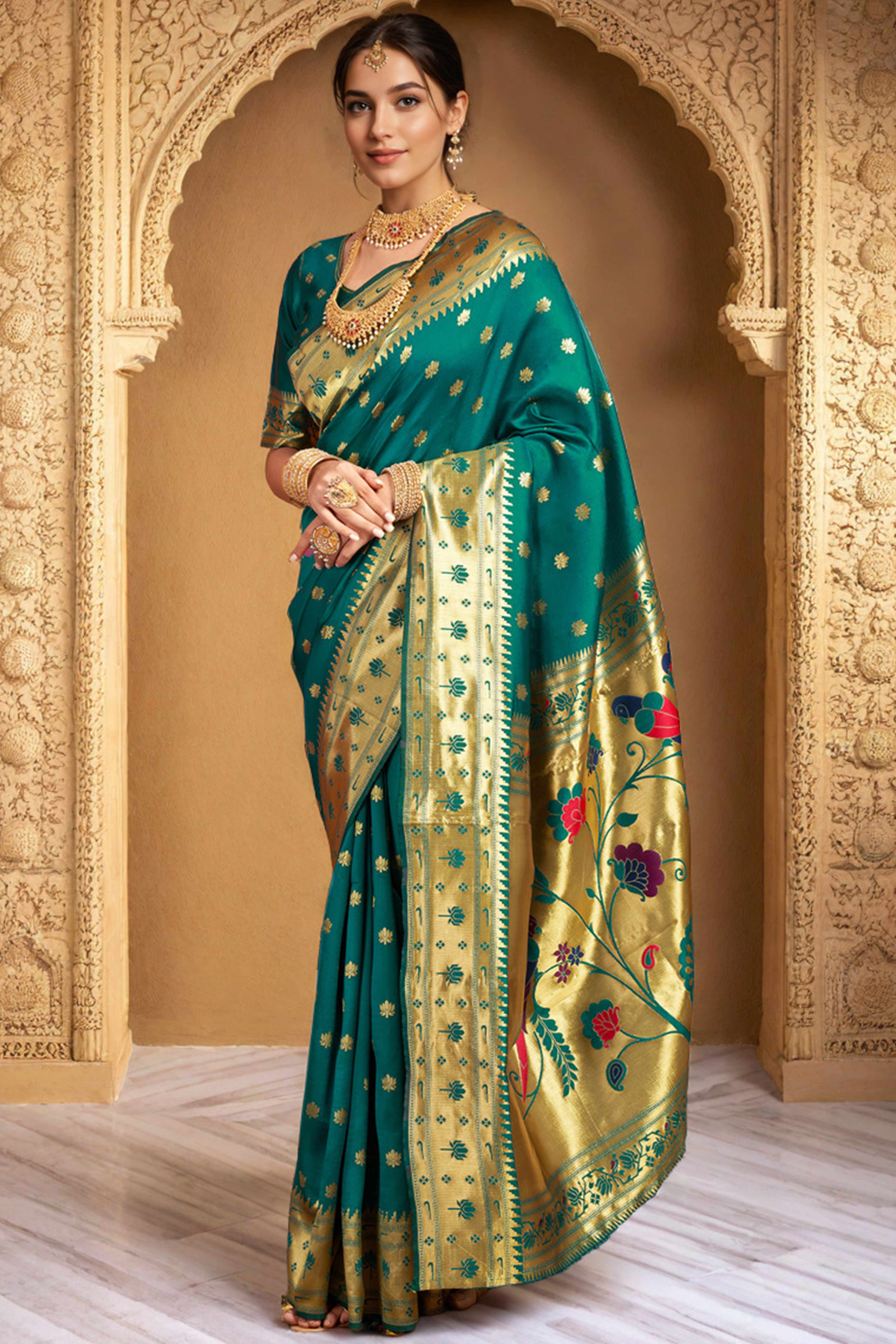 Rama Green Weaving Silk Blend Paithani Saree With Floral & Parrot Motif Pallu - Image 4