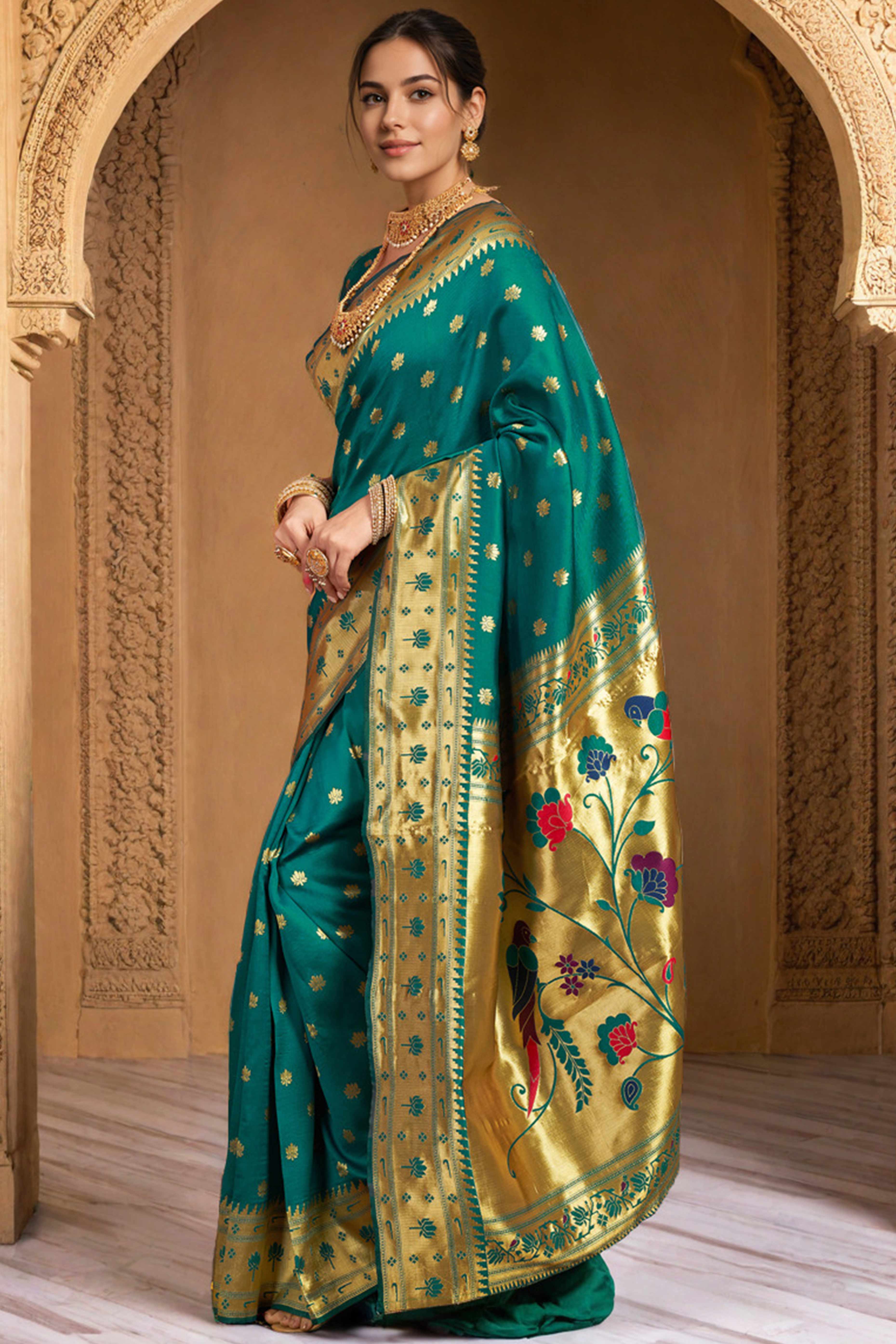 Rama Green Weaving Silk Blend Paithani Saree With Floral & Parrot Motif Pallu - Image 5