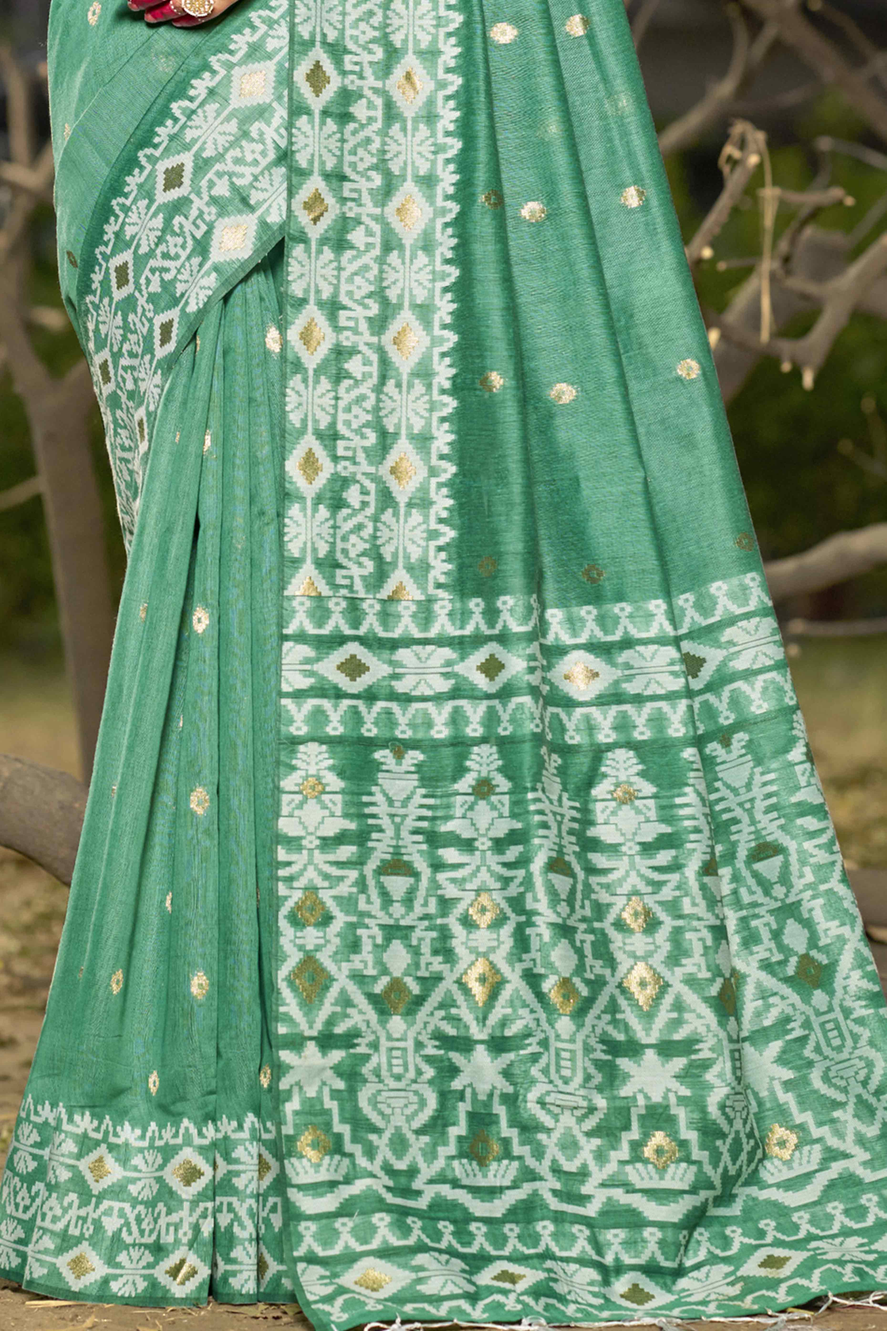 Rama Green Woven Linen Cotton Saree With Tassels - Image 4