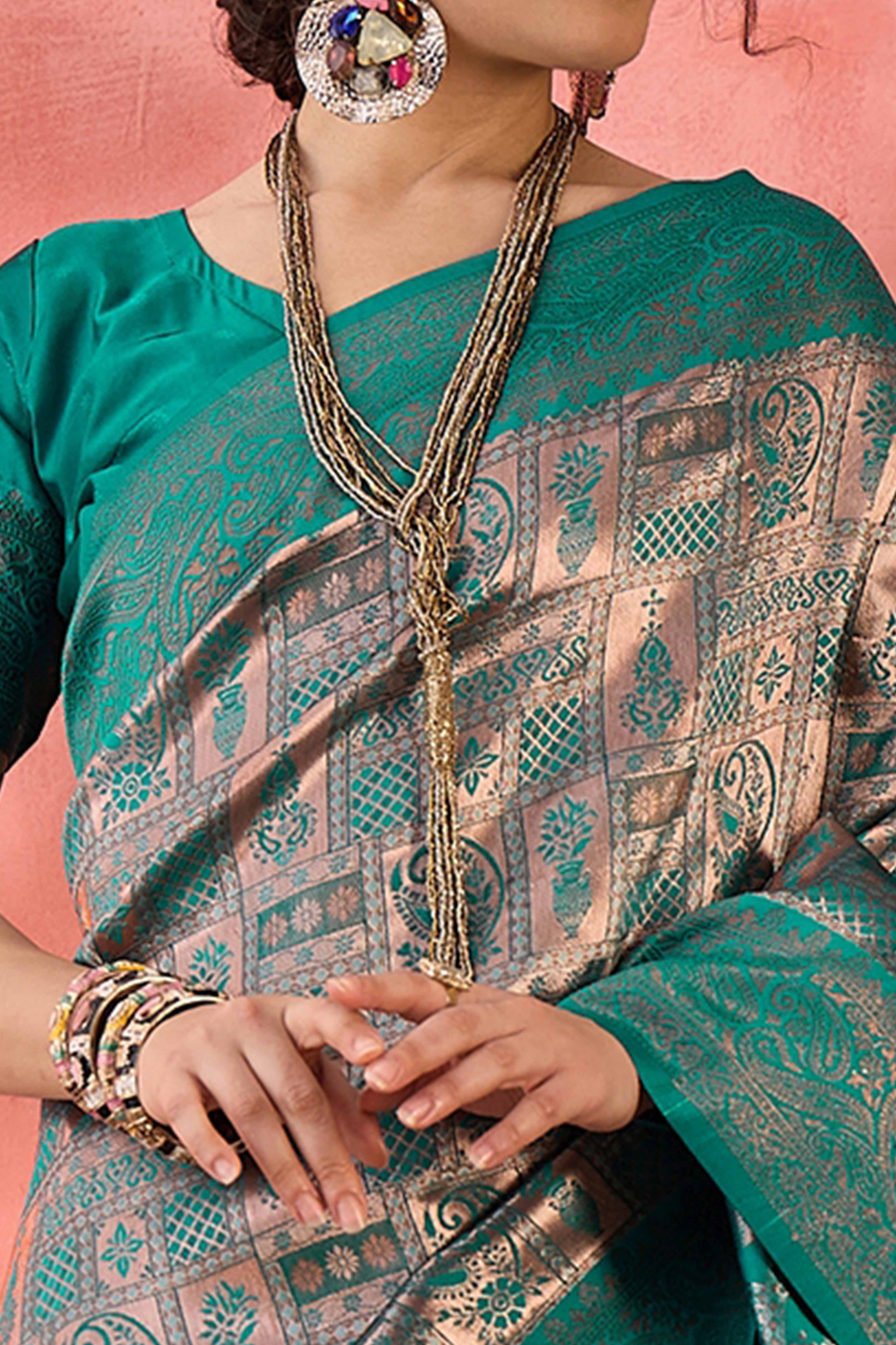 Rama Green Woven Poly Silk Blend Saree Featuring Floral & Paisley Motifs With Tassel Accents - Image 2