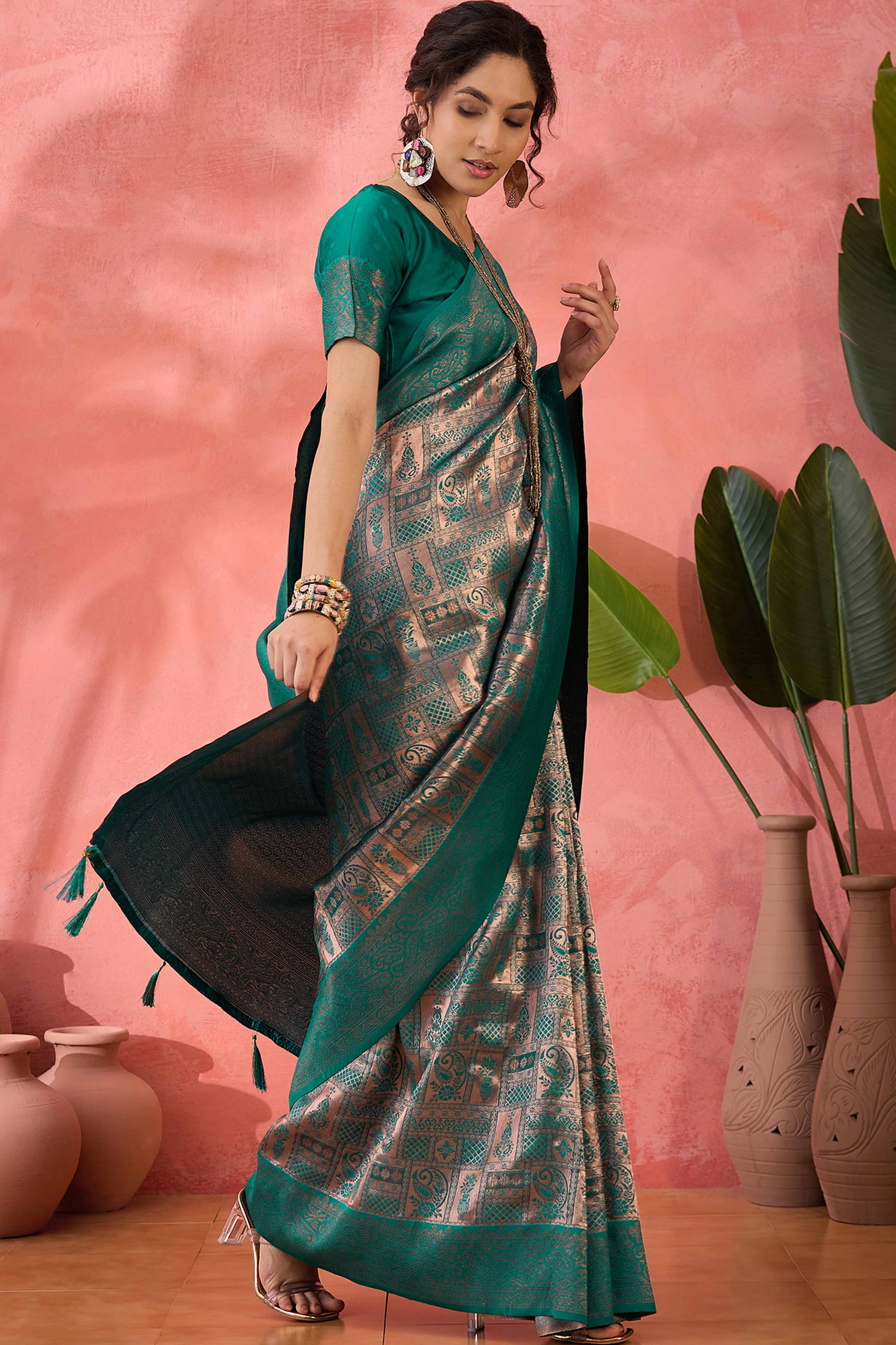 Rama Green Woven Poly Silk Blend Saree Featuring Floral & Paisley Motifs With Tassel Accents - Image 3