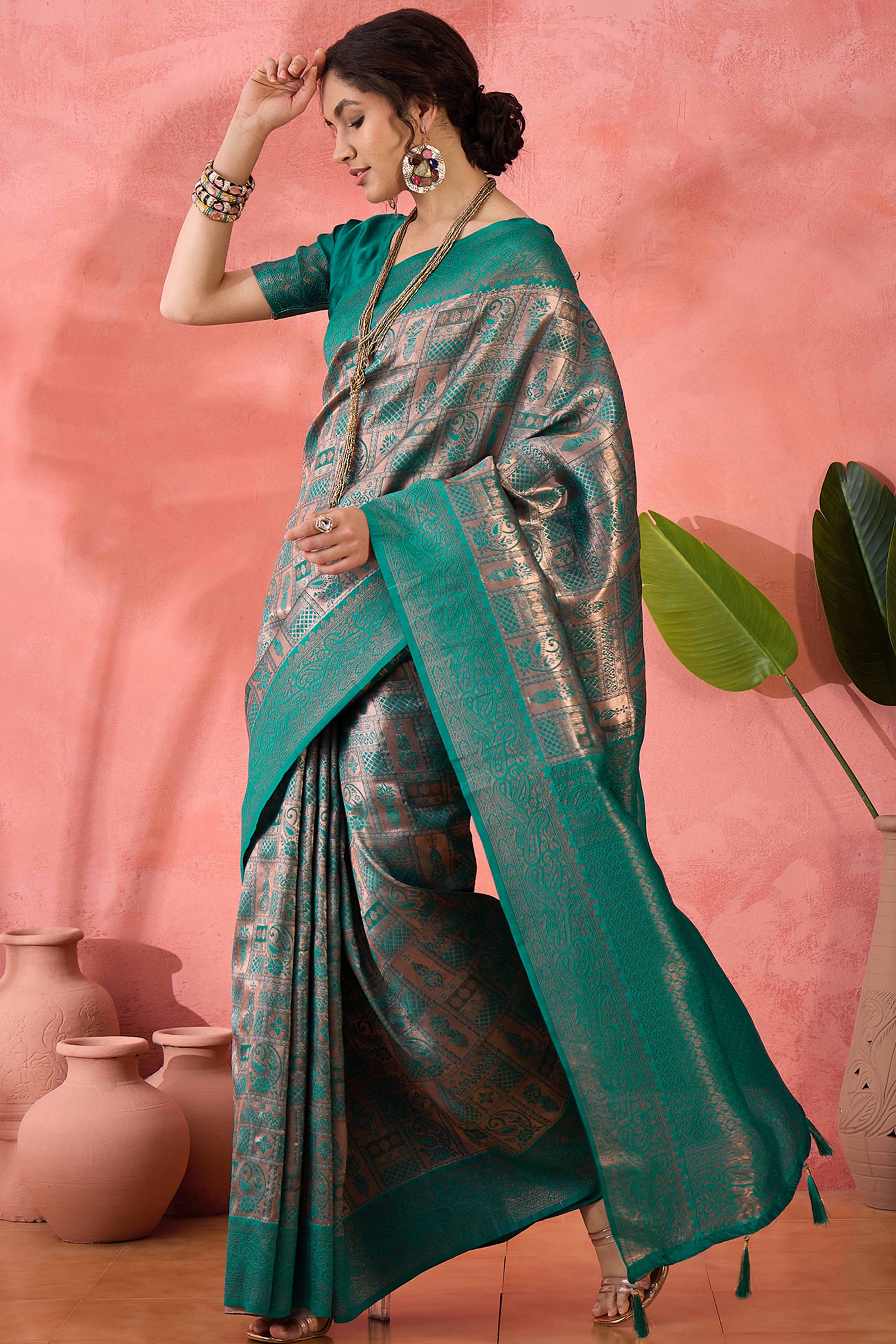 Rama Green Woven Poly Silk Blend Saree Featuring Floral & Paisley Motifs With Tassel Accents - Image 4