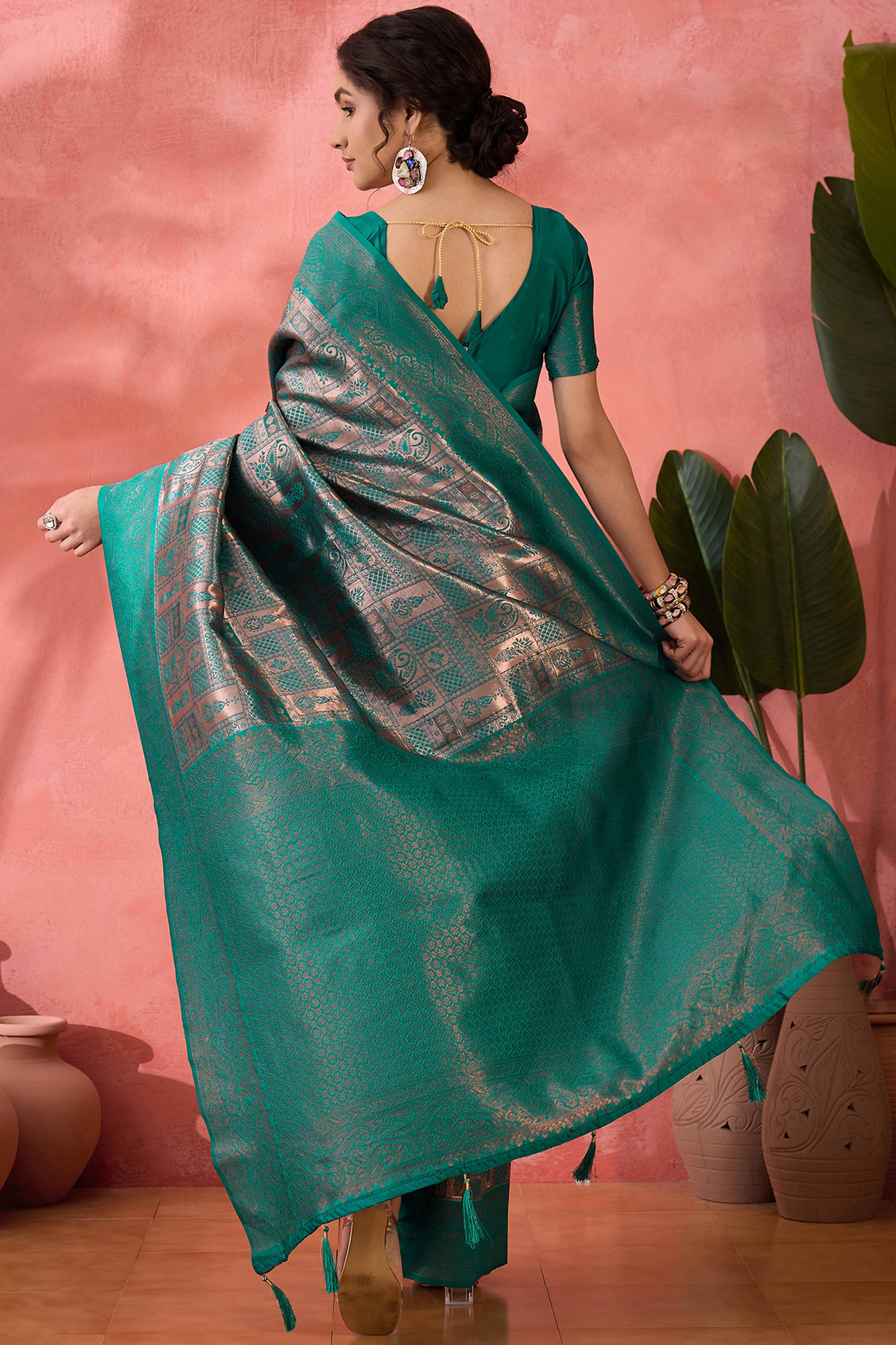 Rama Green Woven Poly Silk Blend Saree Featuring Floral & Paisley Motifs With Tassel Accents - Image 5